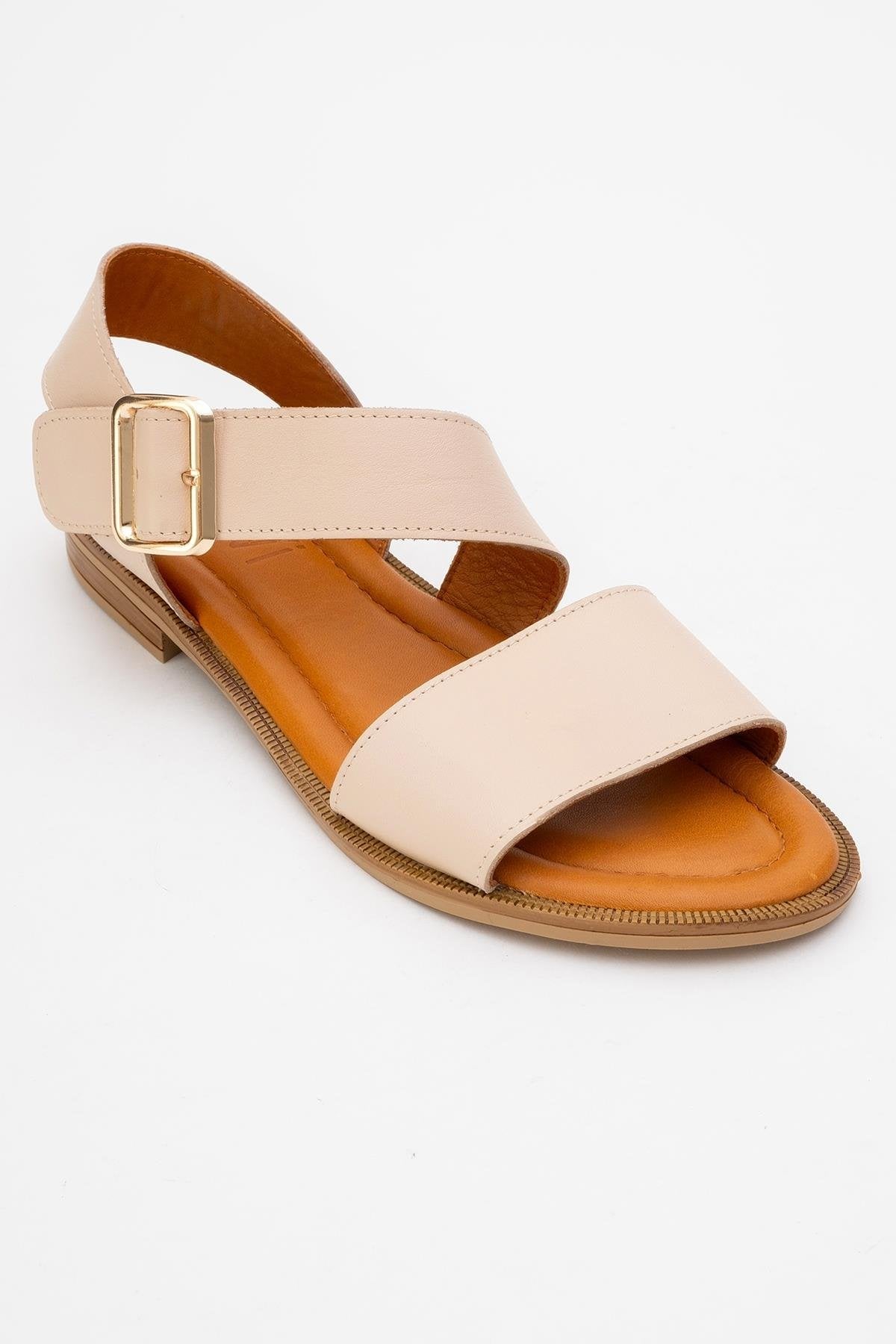 Majesty Beige Leather Sandal – detail view showing leather, gold, red, Vowalisse