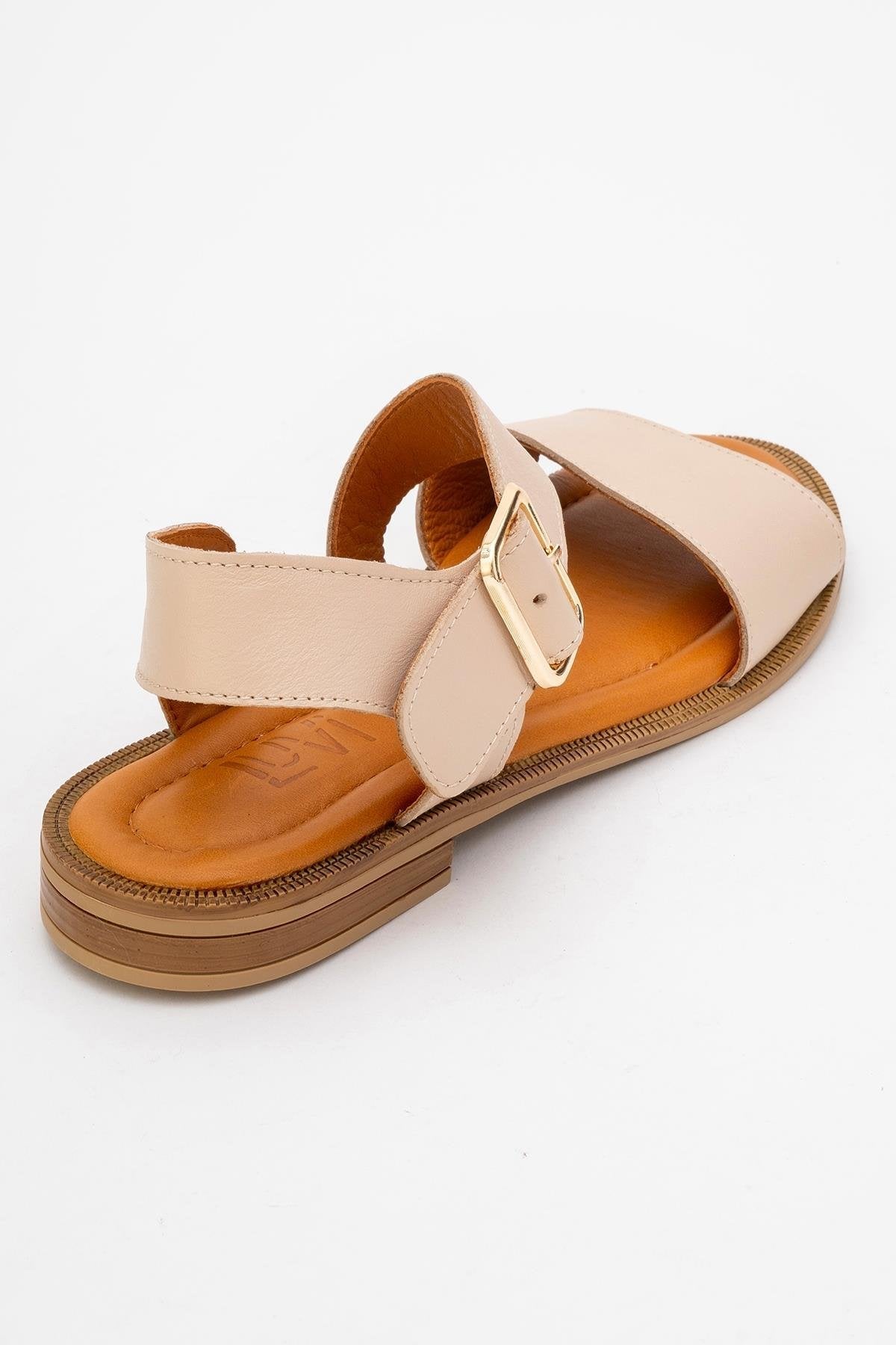 Majesty Beige Leather Sandal – back view showing leather, gold, red, Vowalisse