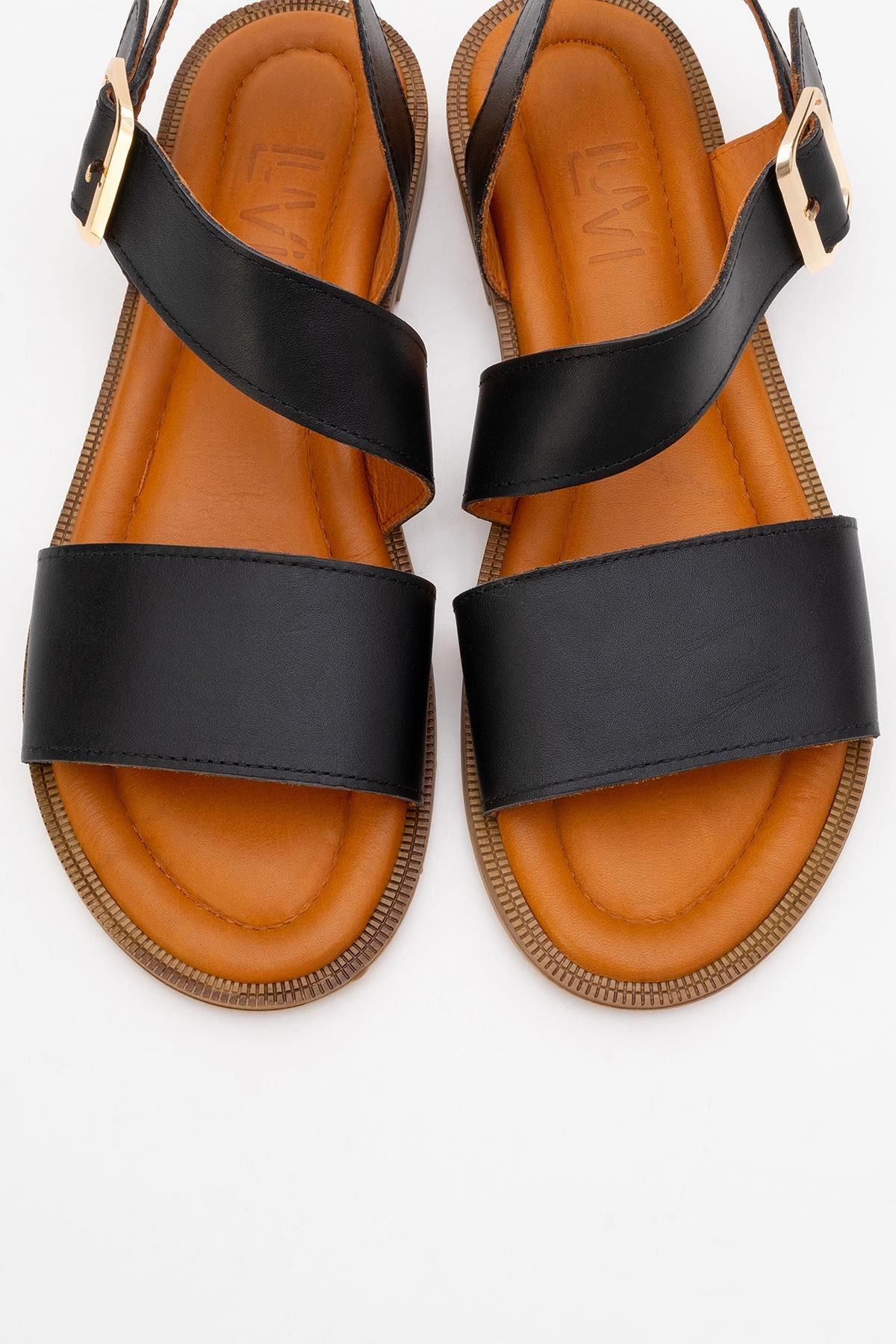Majesty Black Leather Sandal – side view showing leather, black, gold, Vowalisse