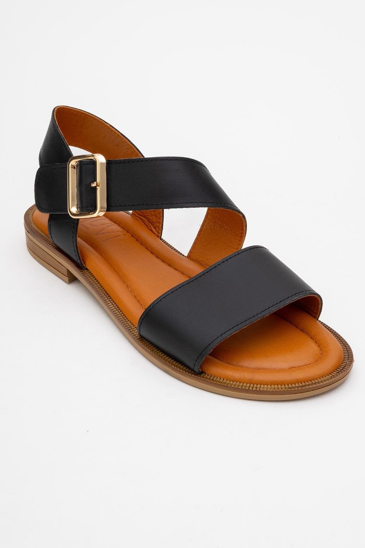 Majesty Black Leather Sandal – detail view showing leather, black, gold, Vowalisse