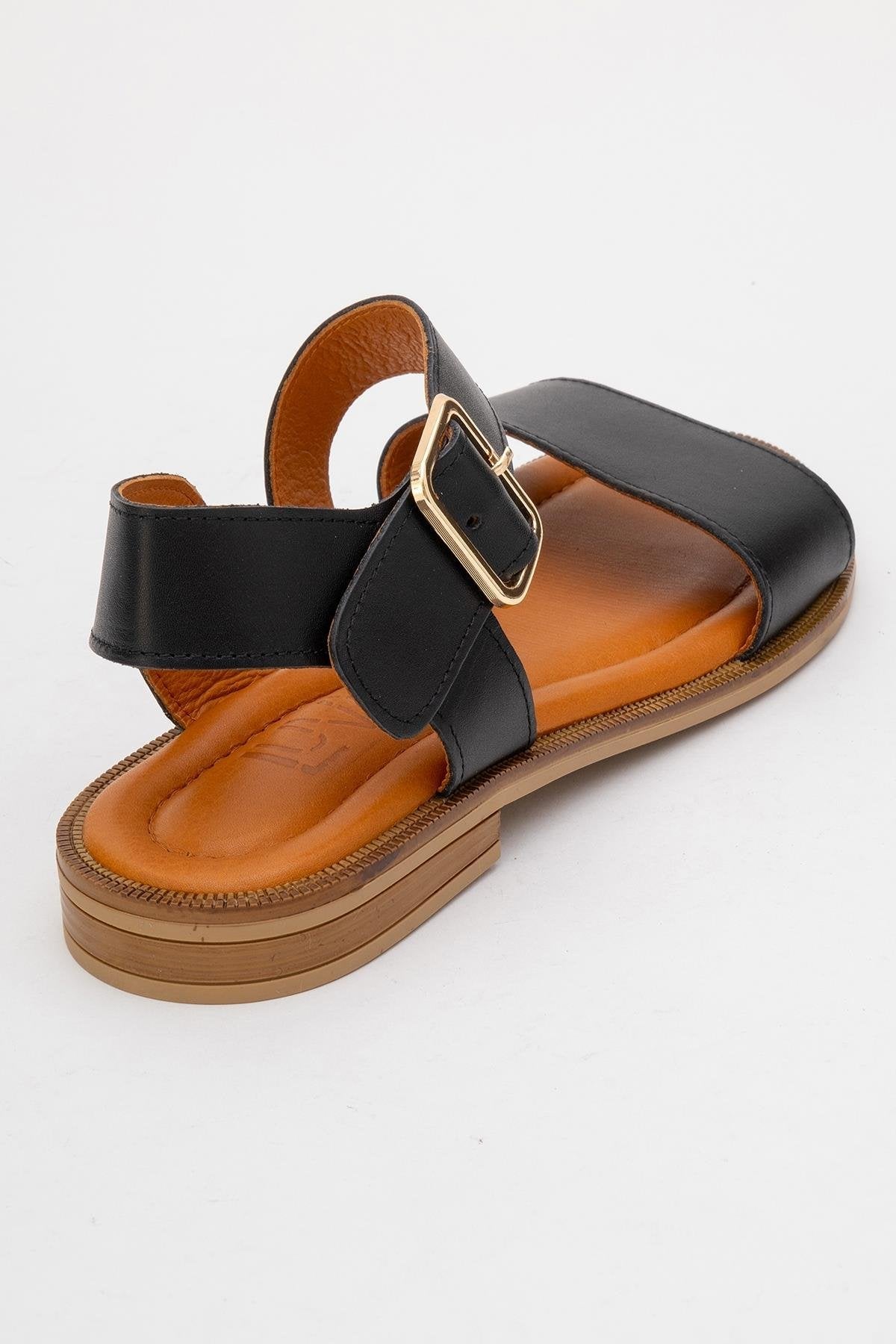Majesty Black Leather Sandal – back view showing leather, black, gold, Vowalisse