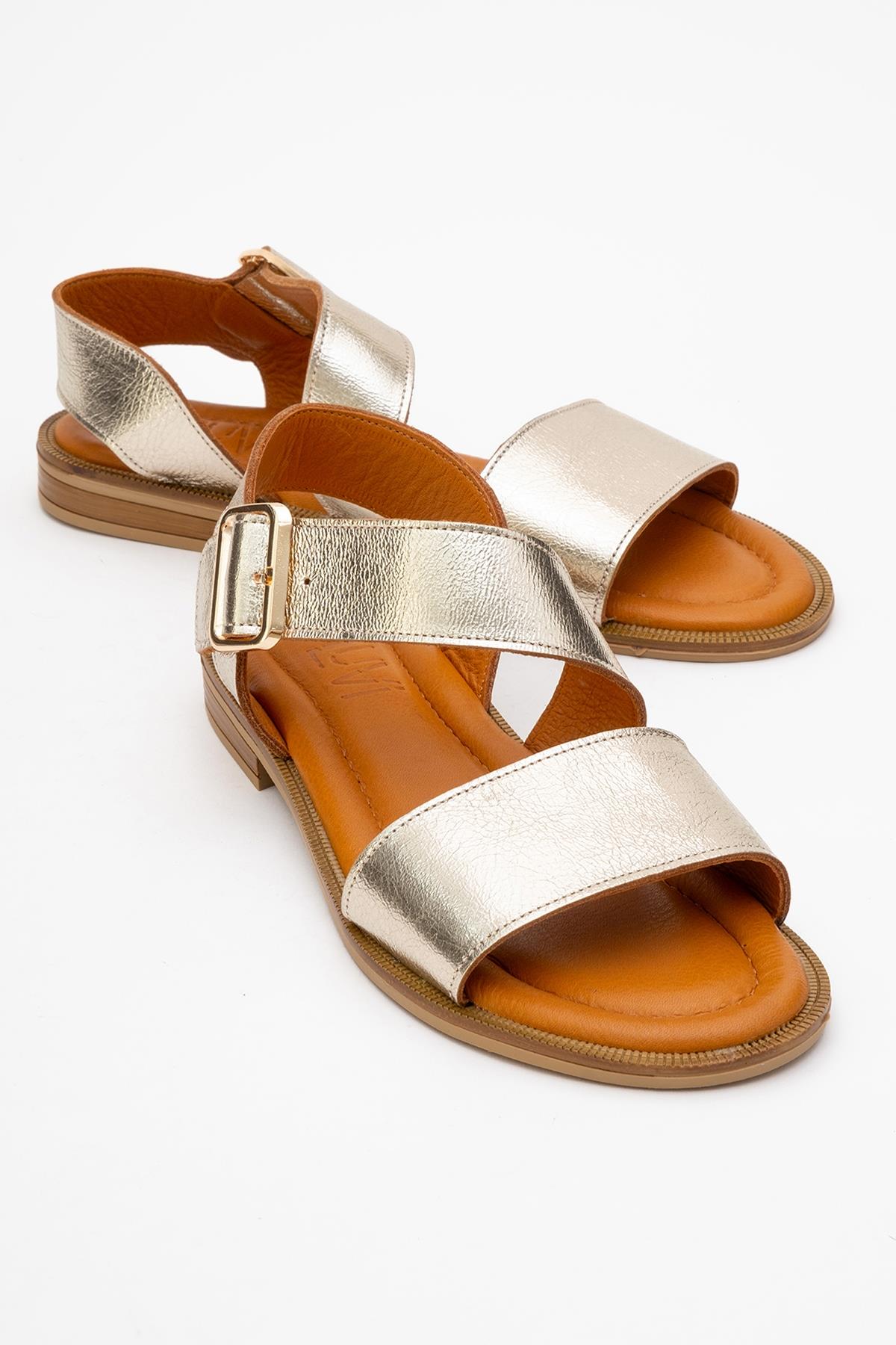 Majesty Gold Leather Sandal – front three-quarter view showing leather, gold, red, Vowalisse