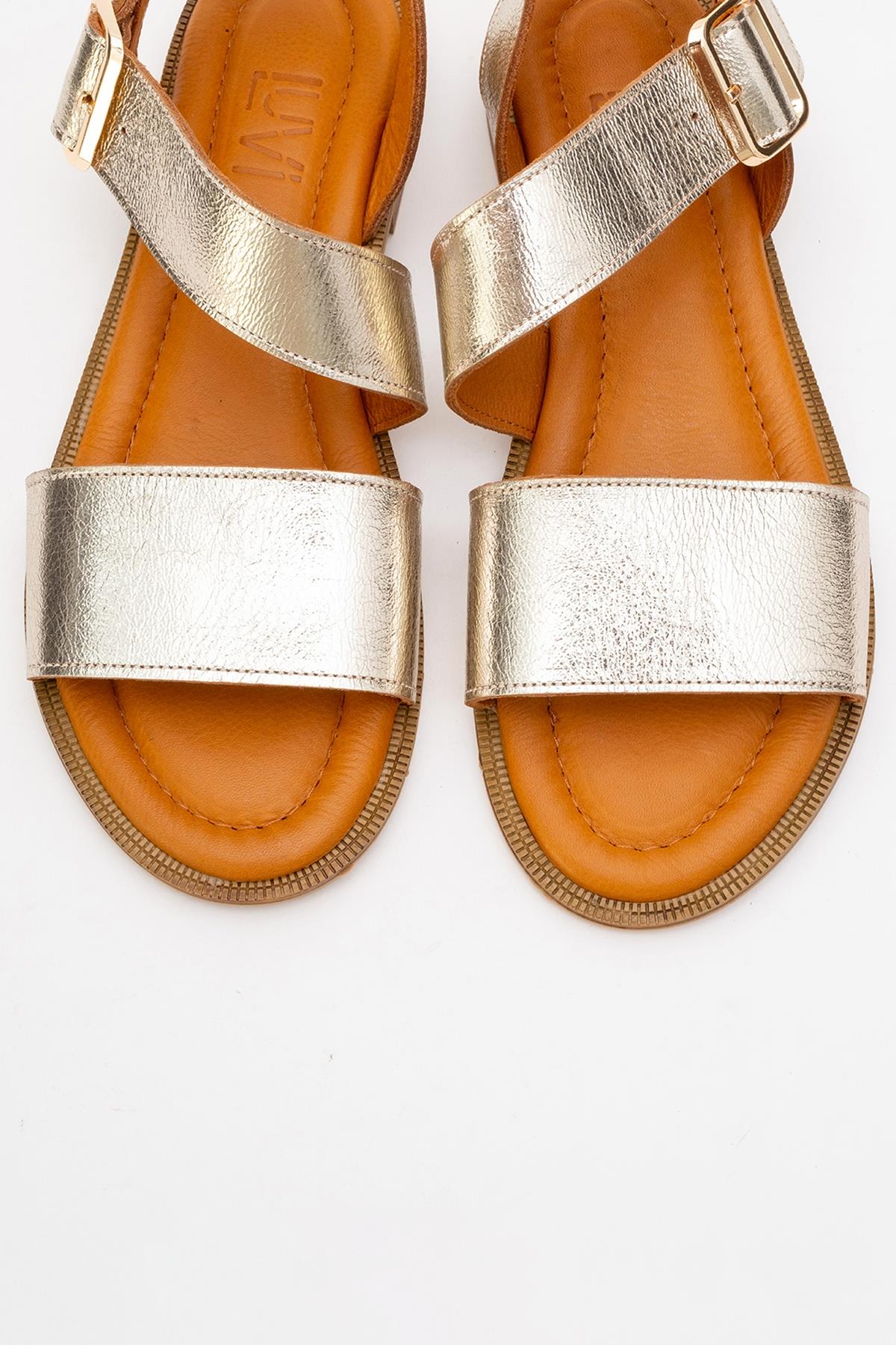 Majesty Gold Leather Sandal – side view showing leather, gold, red, Vowalisse