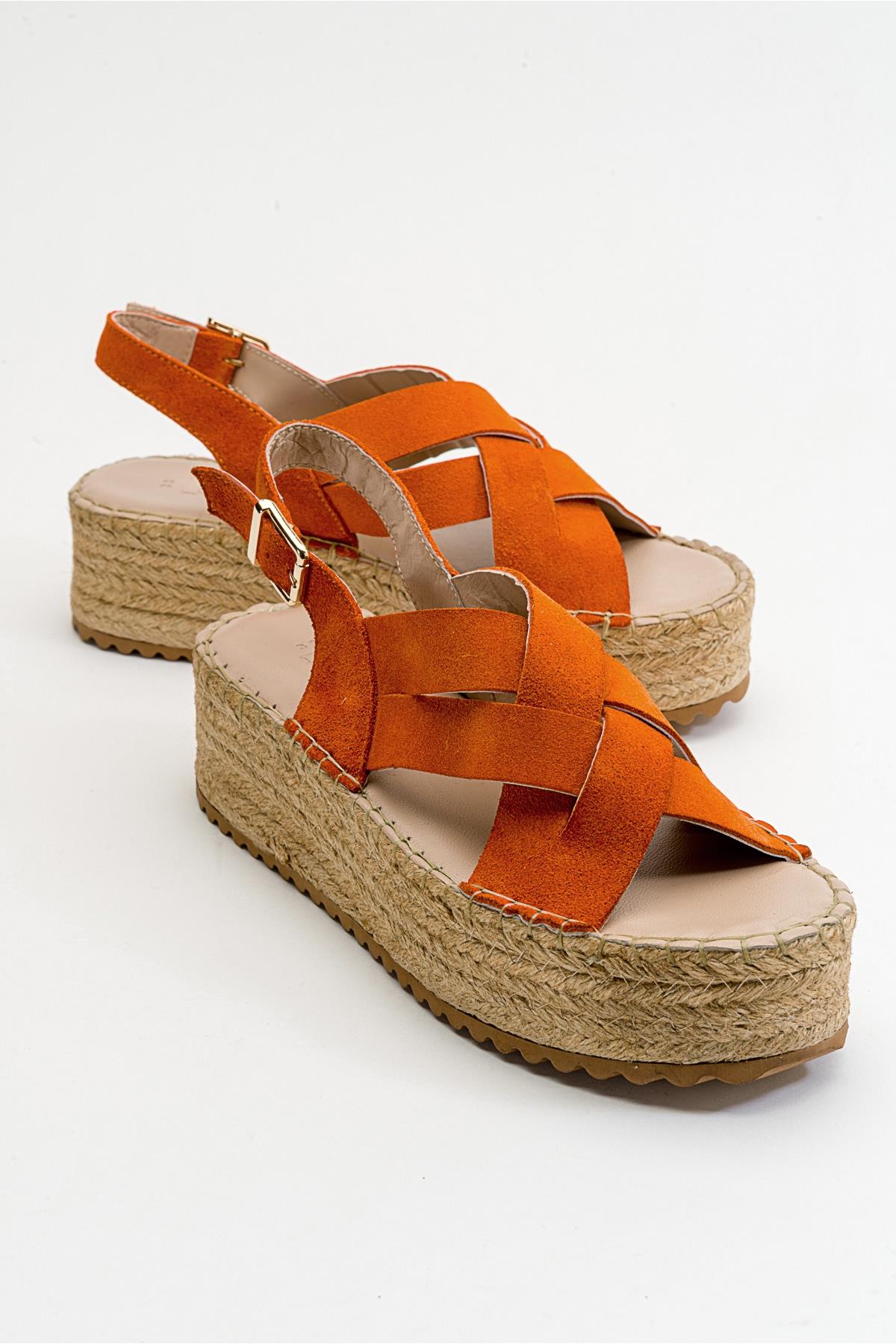 Lontano - Orange Suede Leather Platform Sandal – front three-quarter view showing leather, suede, Vowalisse