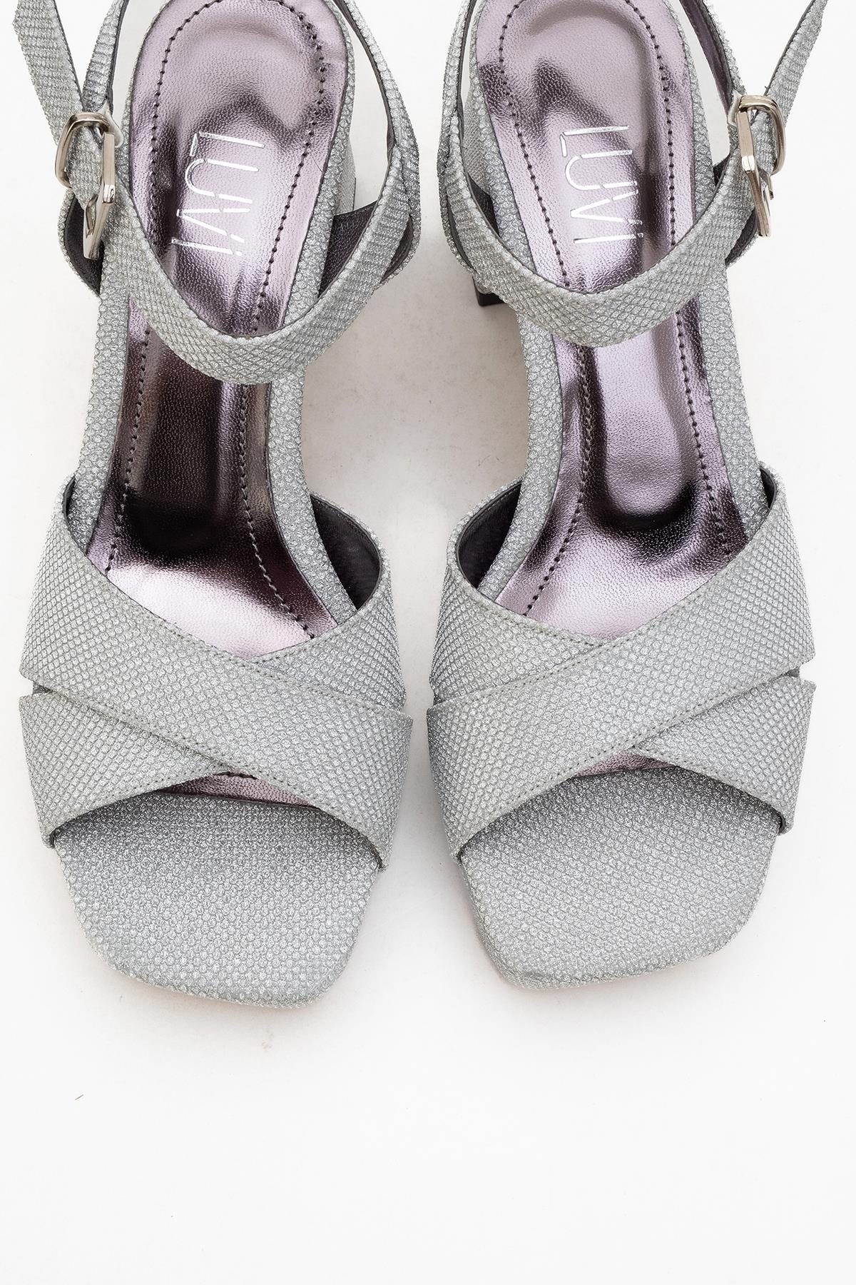 Lisbon - Silver Glitter Cross-Strap Platform Heel Shoe – side view showing leather, glitter, silver, Vowalisse
