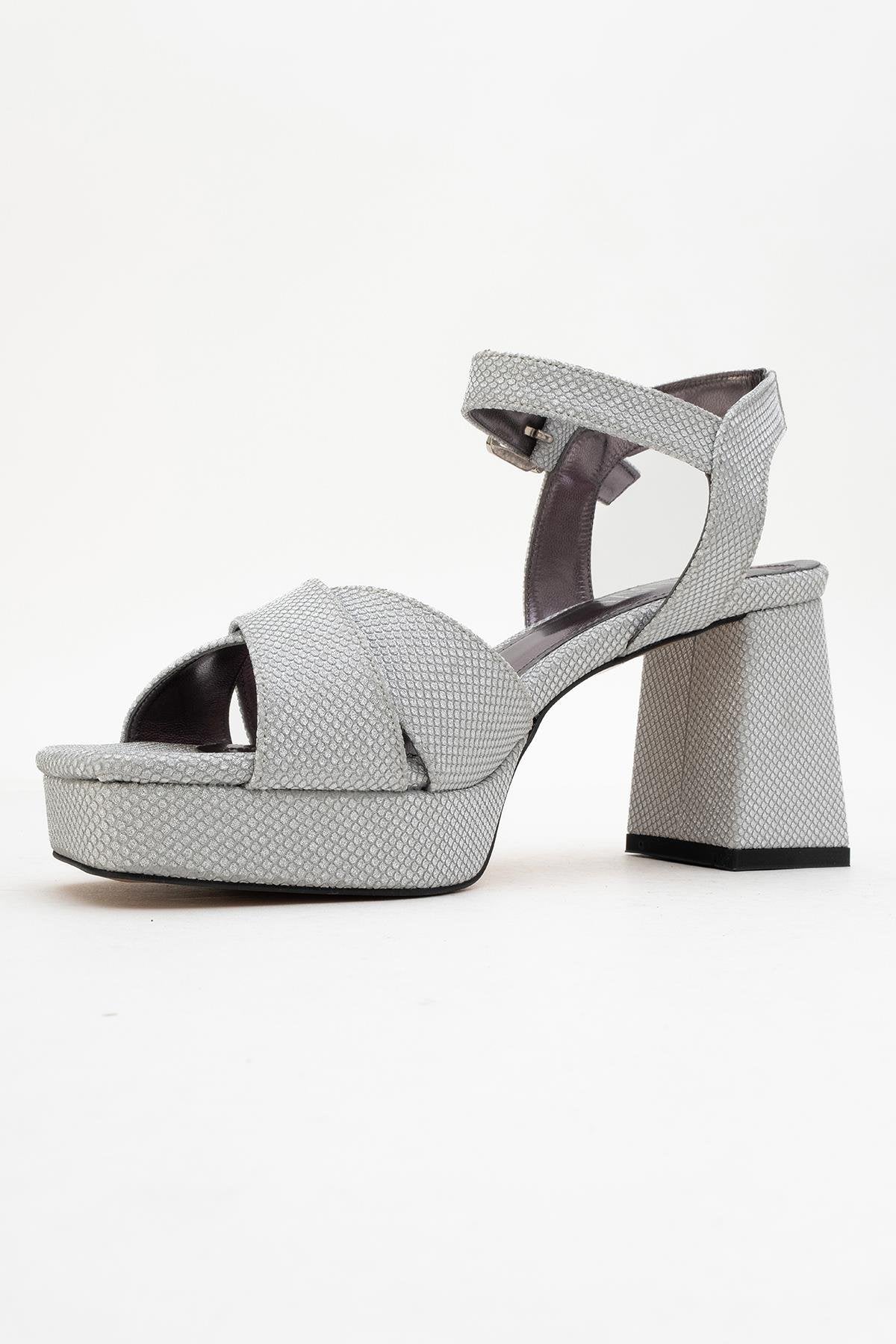 Lisbon - Silver Glitter Cross-Strap Platform Heel Shoe – heel view showing leather, glitter, silver, Vowalisse