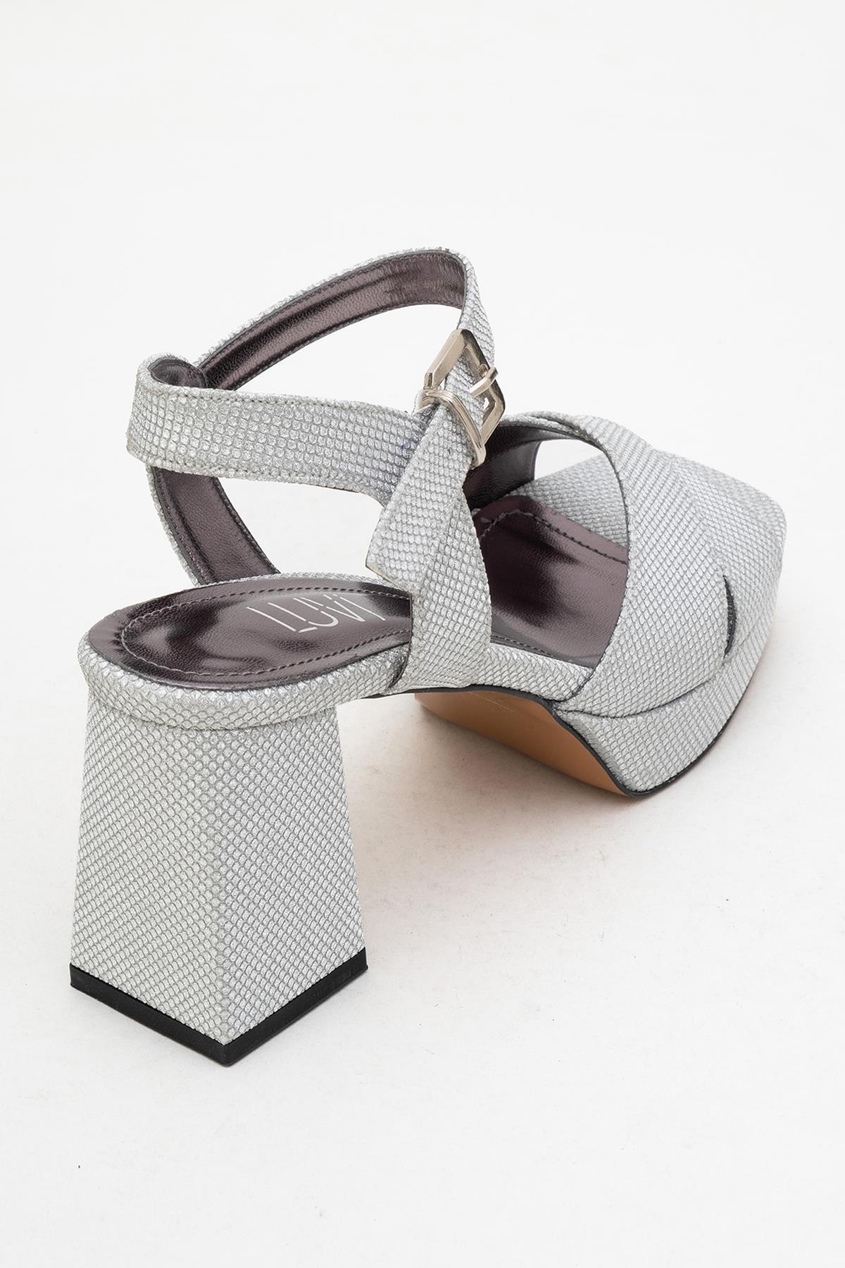 Lisbon - Silver Glitter Cross-Strap Platform Heel Shoe – back view showing leather, glitter, silver, Vowalisse