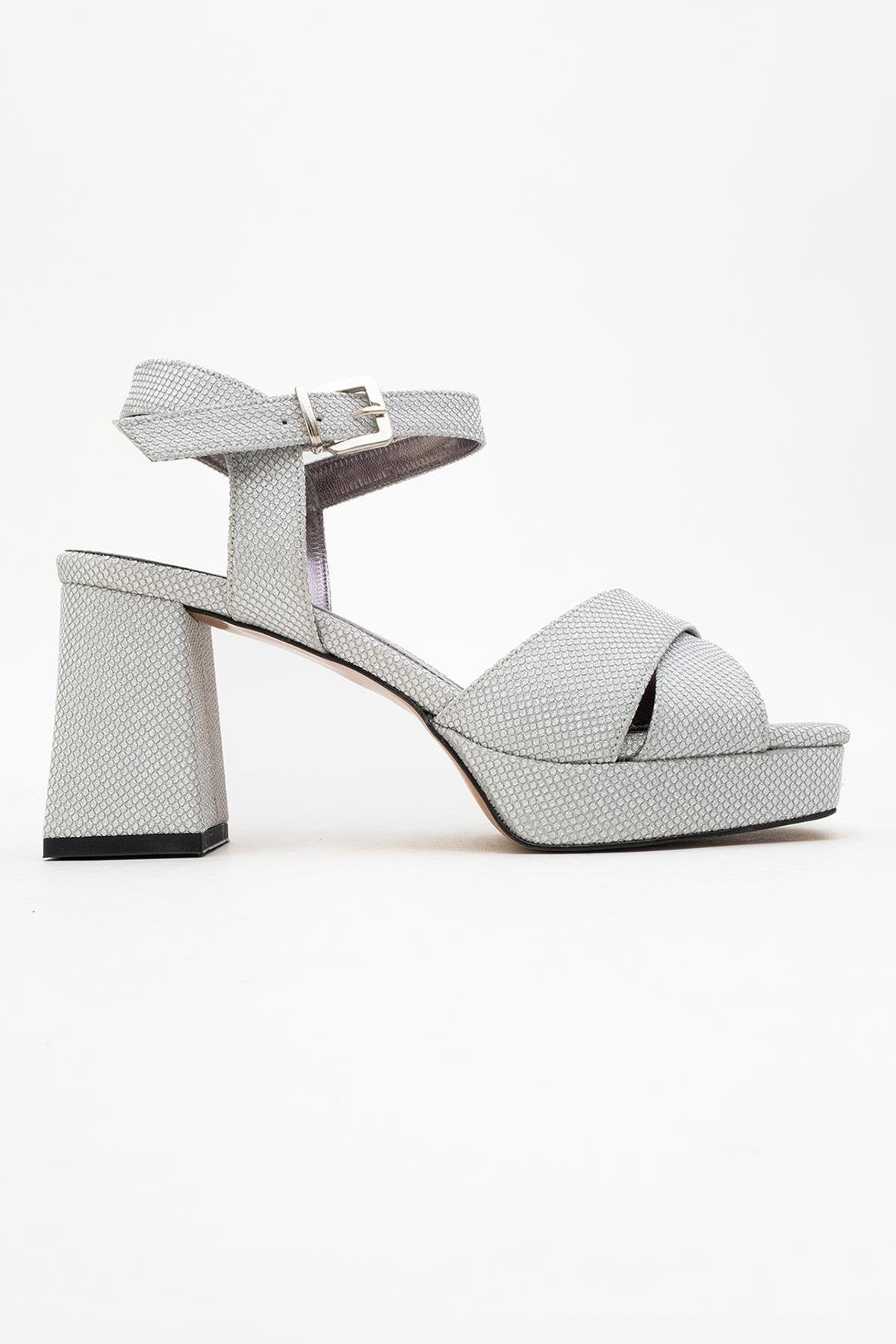 Lisbon - Silver Glitter Cross-Strap Platform Heel Shoe – top view showing leather, glitter, silver, Vowalisse