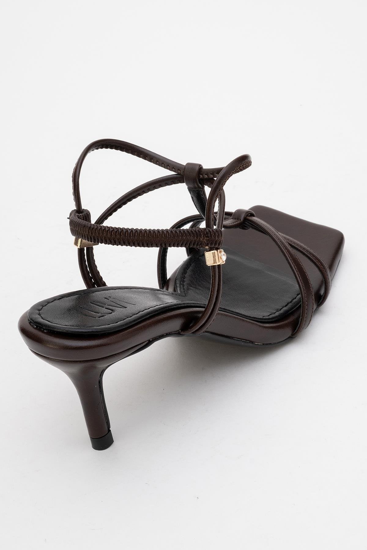 Gibson Brown Square‑Toe Stiletto Sandal – back view showing leather, red, Vowalisse
