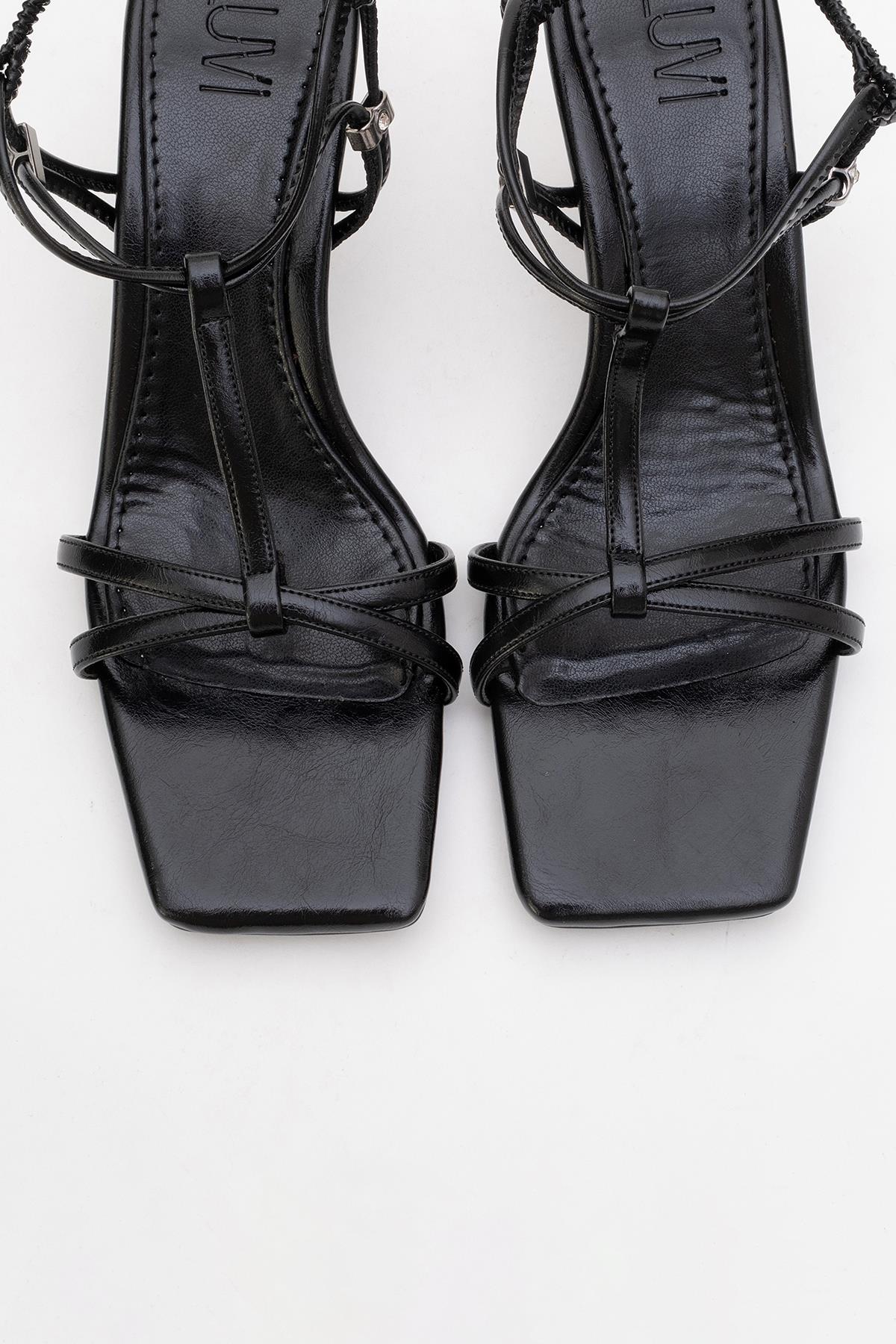 Gibson Black Square‑Toe Stiletto Sandal – side view showing leather, black, red, Vowalisse
