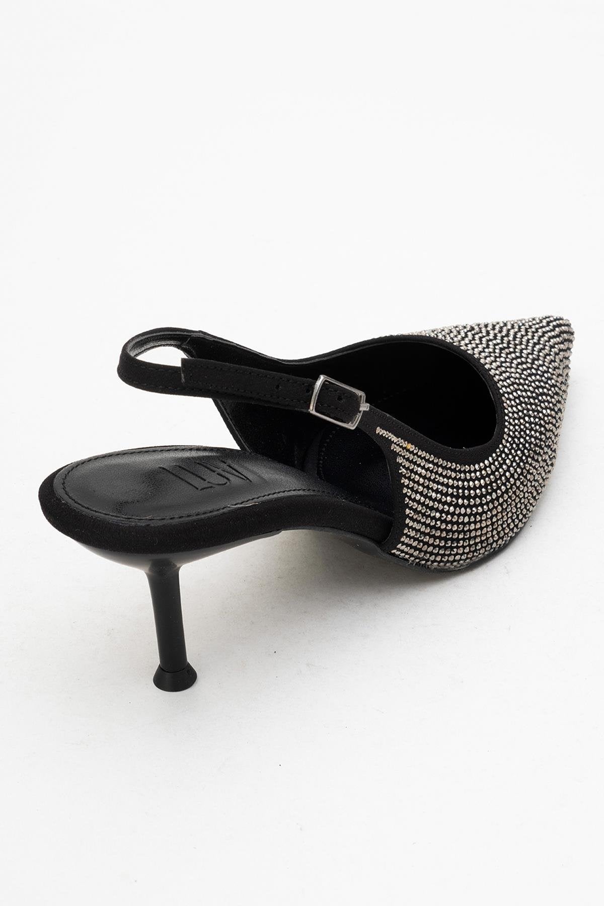 Novs - Black Embellished Stiletto Evening Shoe – back view showing leather, black, Vowalisse