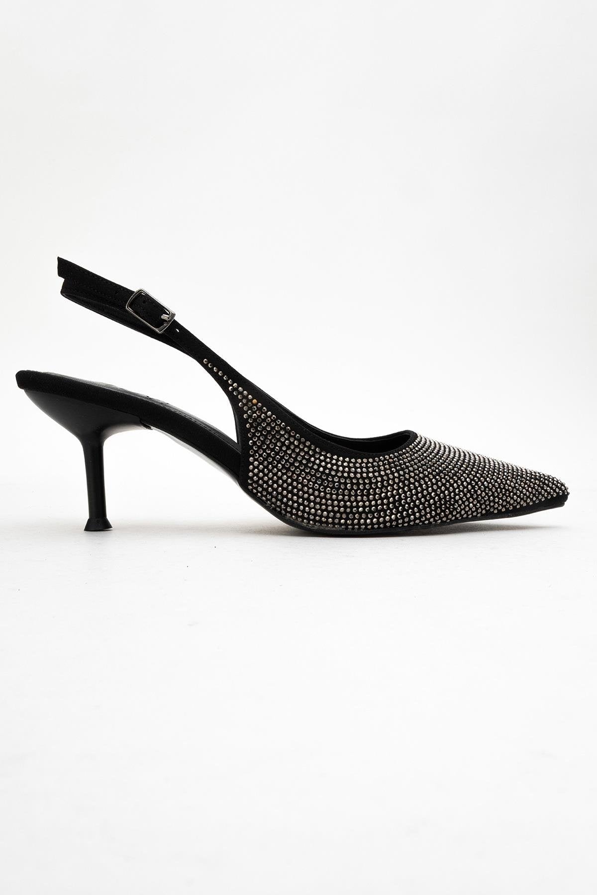 Novs - Black Embellished Stiletto Evening Shoe – top view showing leather, black, Vowalisse