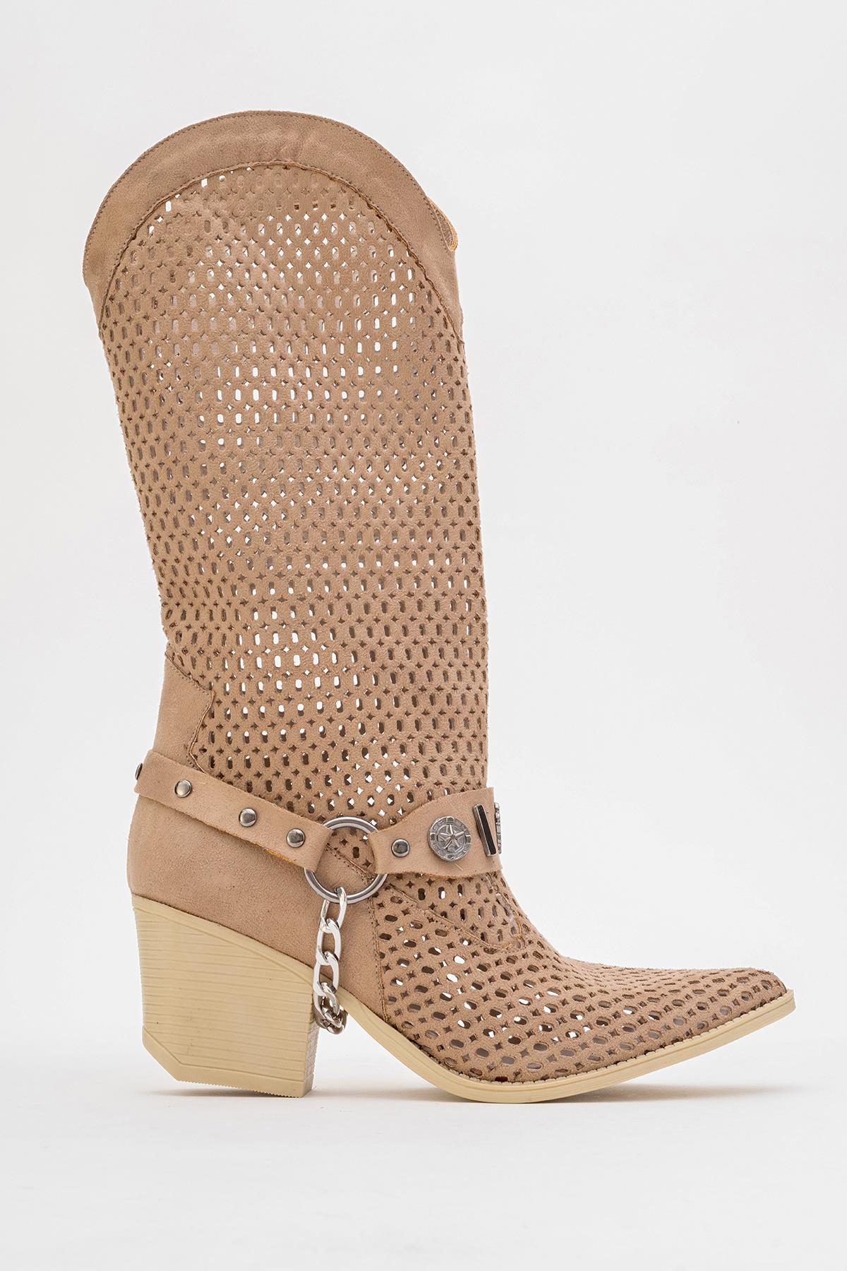 Liza Dark Beige Block Heel Western Boot – product view 10 showing leather, red, Vowalisse