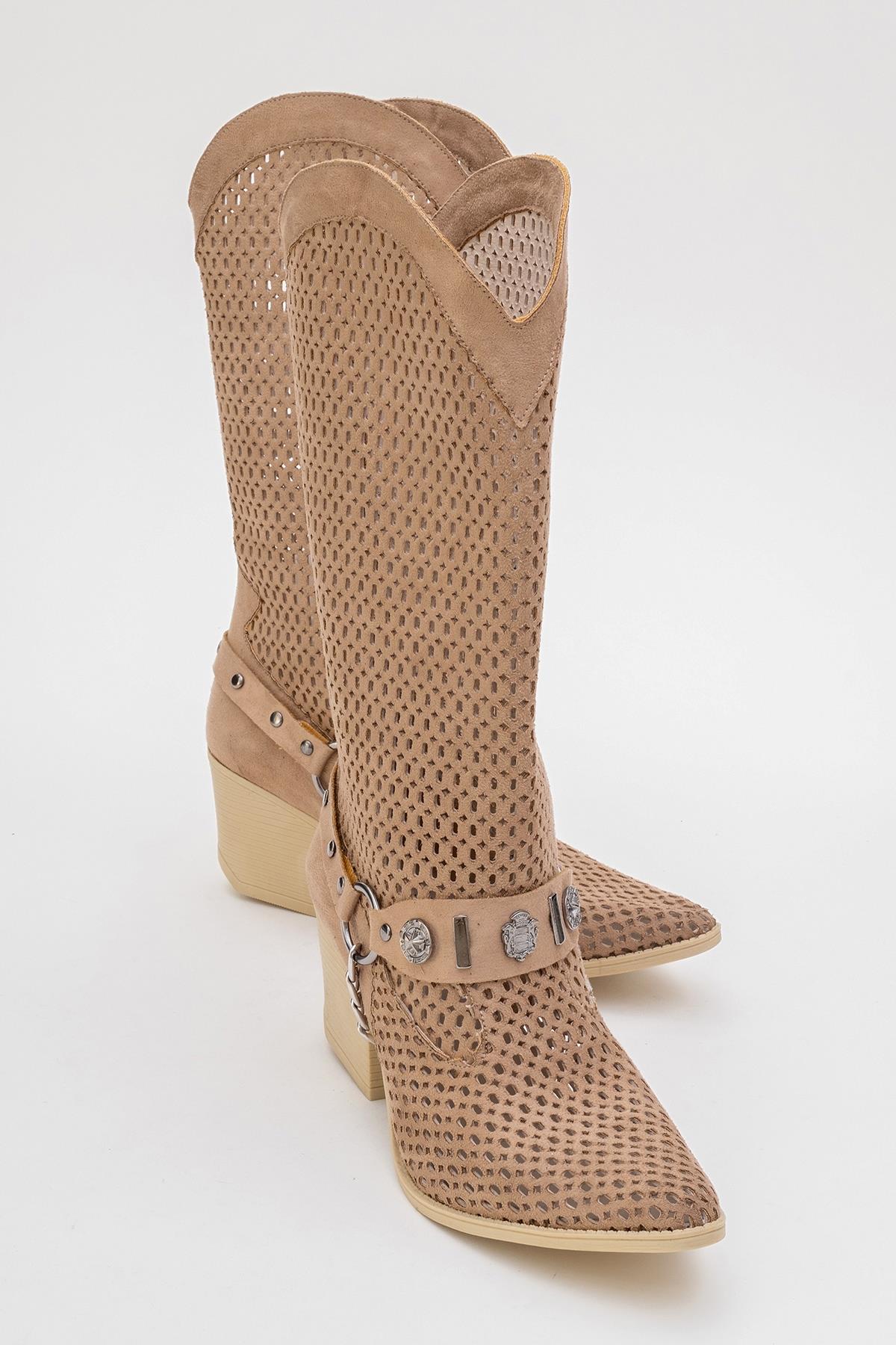Liza Dark Beige Block Heel Western Boot – back view showing leather, red, Vowalisse