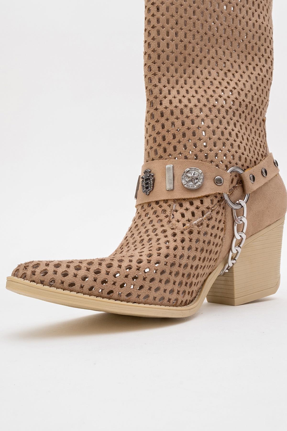 Liza Dark Beige Block Heel Western Boot – pair view showing leather, red, Vowalisse
