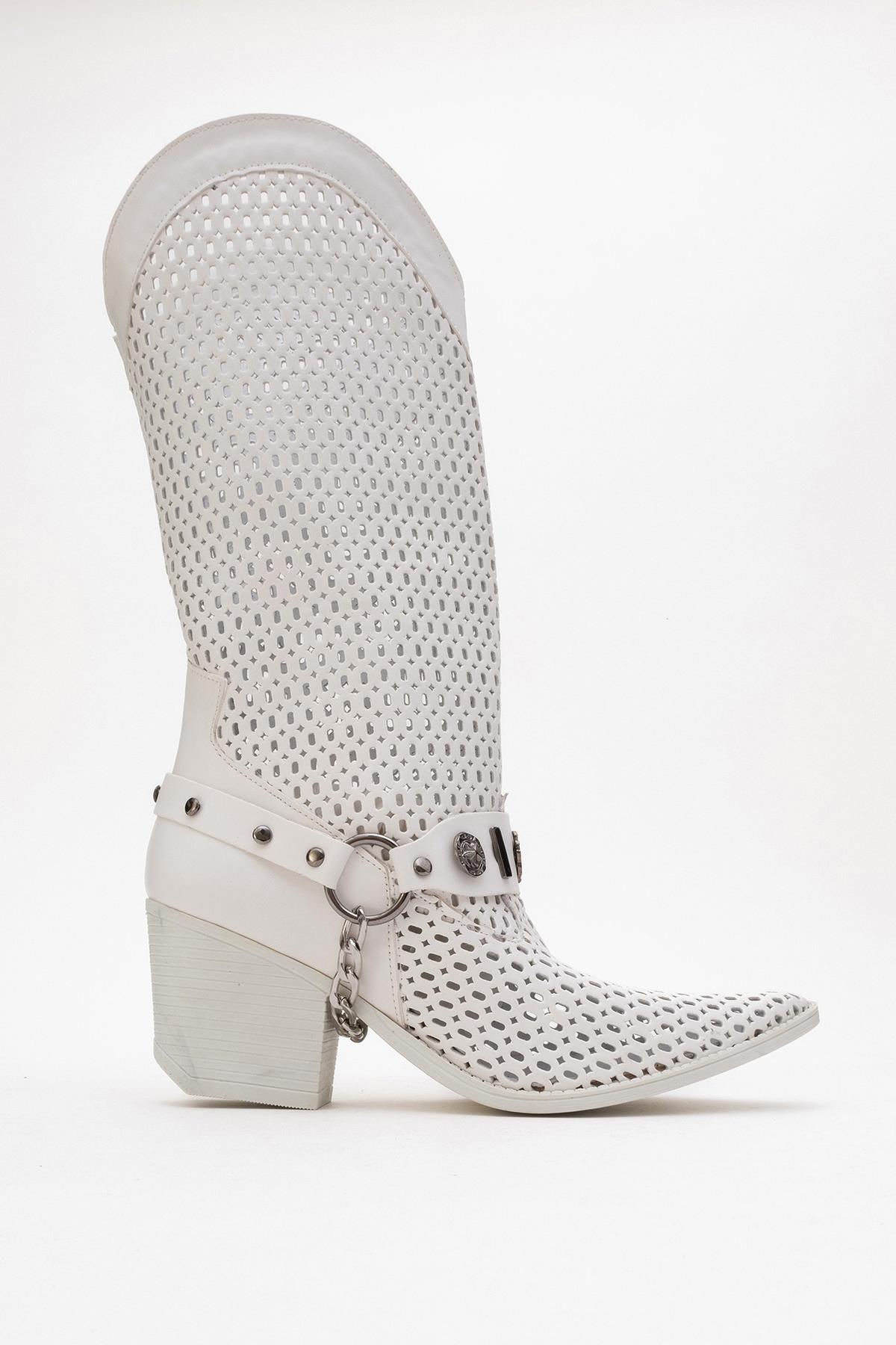 Liza White Block Heel Western Boot – product view 10 showing leather, white, red, Vowalisse