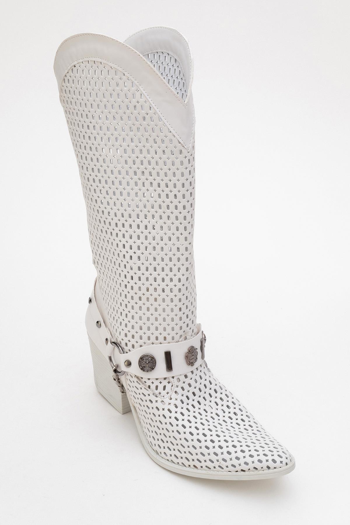 Liza White Block Heel Western Boot – sole view showing leather, white, red, Vowalisse