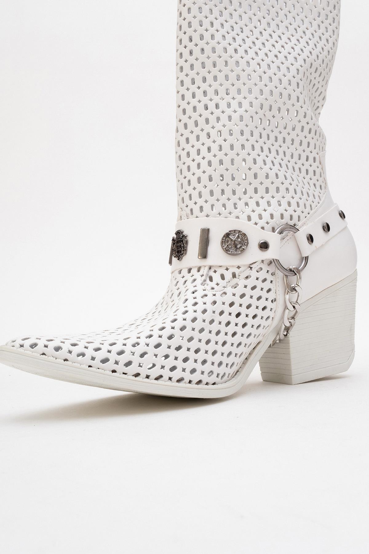 Liza White Block Heel Western Boot – pair view showing leather, white, red, Vowalisse