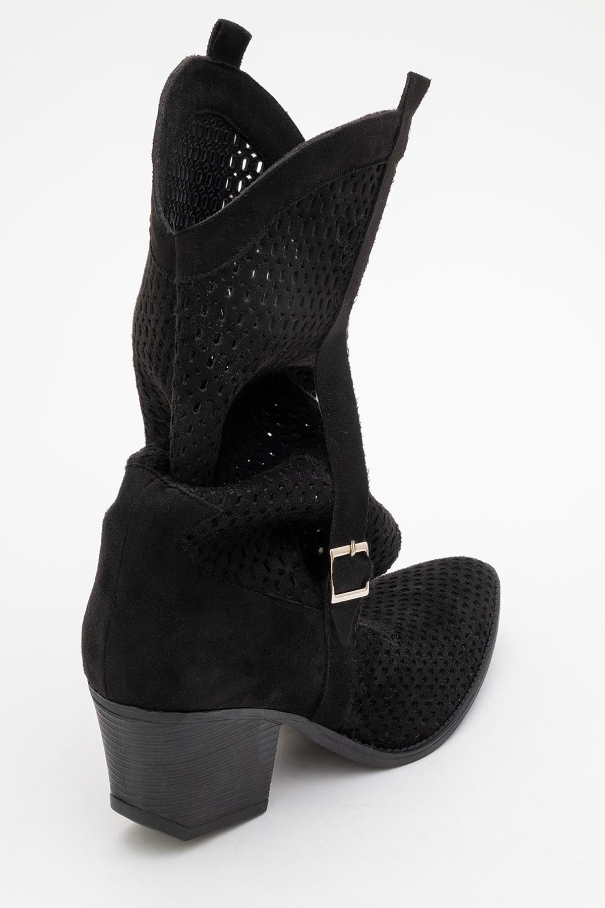 Larry Black Elasticated Block Heel Boot – product view 10 showing leather, black, red, Vowalisse