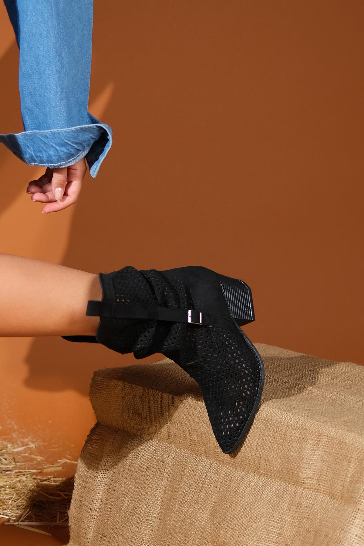 Larry Black Elasticated Block Heel Boot – side view showing leather, black, red, Vowalisse