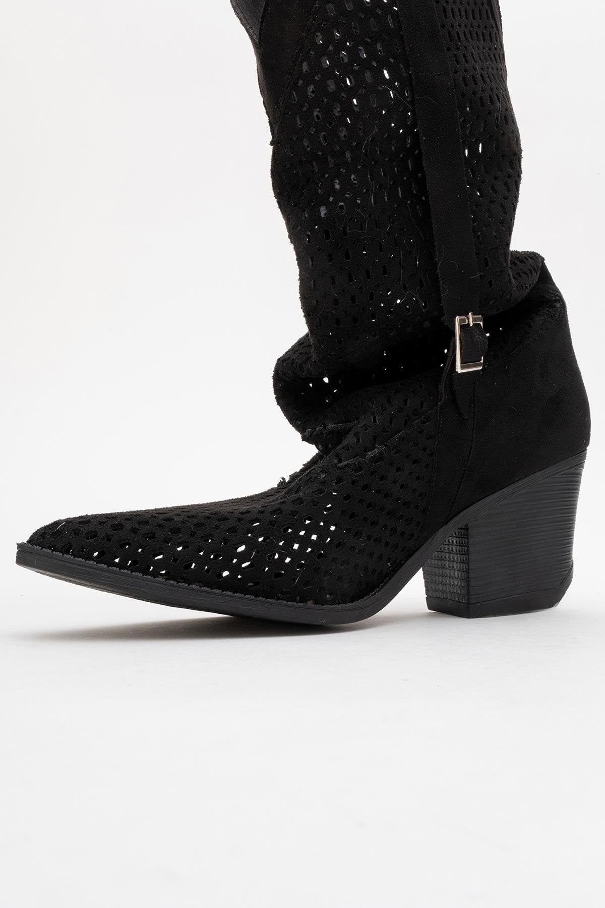 Larry Black Elasticated Block Heel Boot – product view 9 showing leather, black, red, Vowalisse