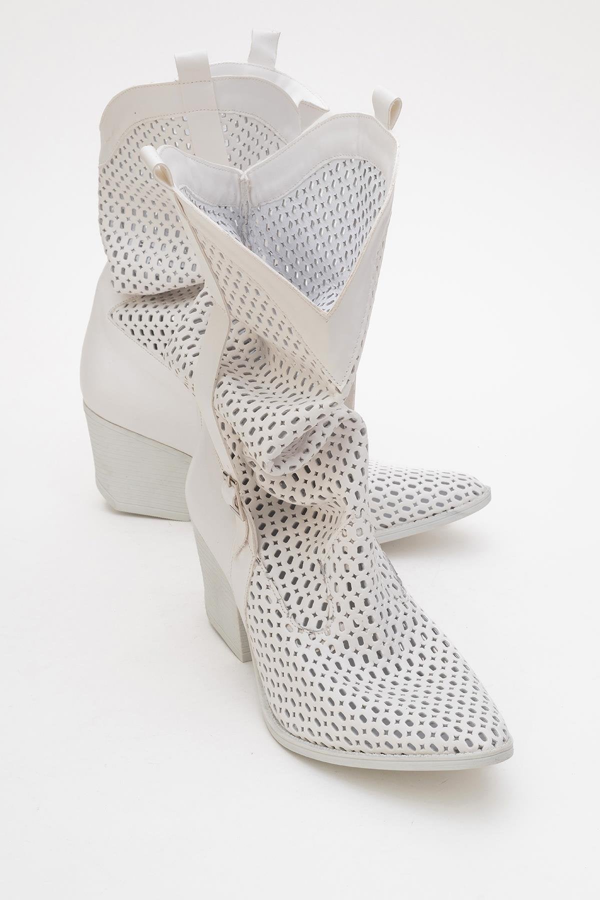 Larry White Elasticated Block Heel Boot – back view showing leather, white, red, Vowalisse