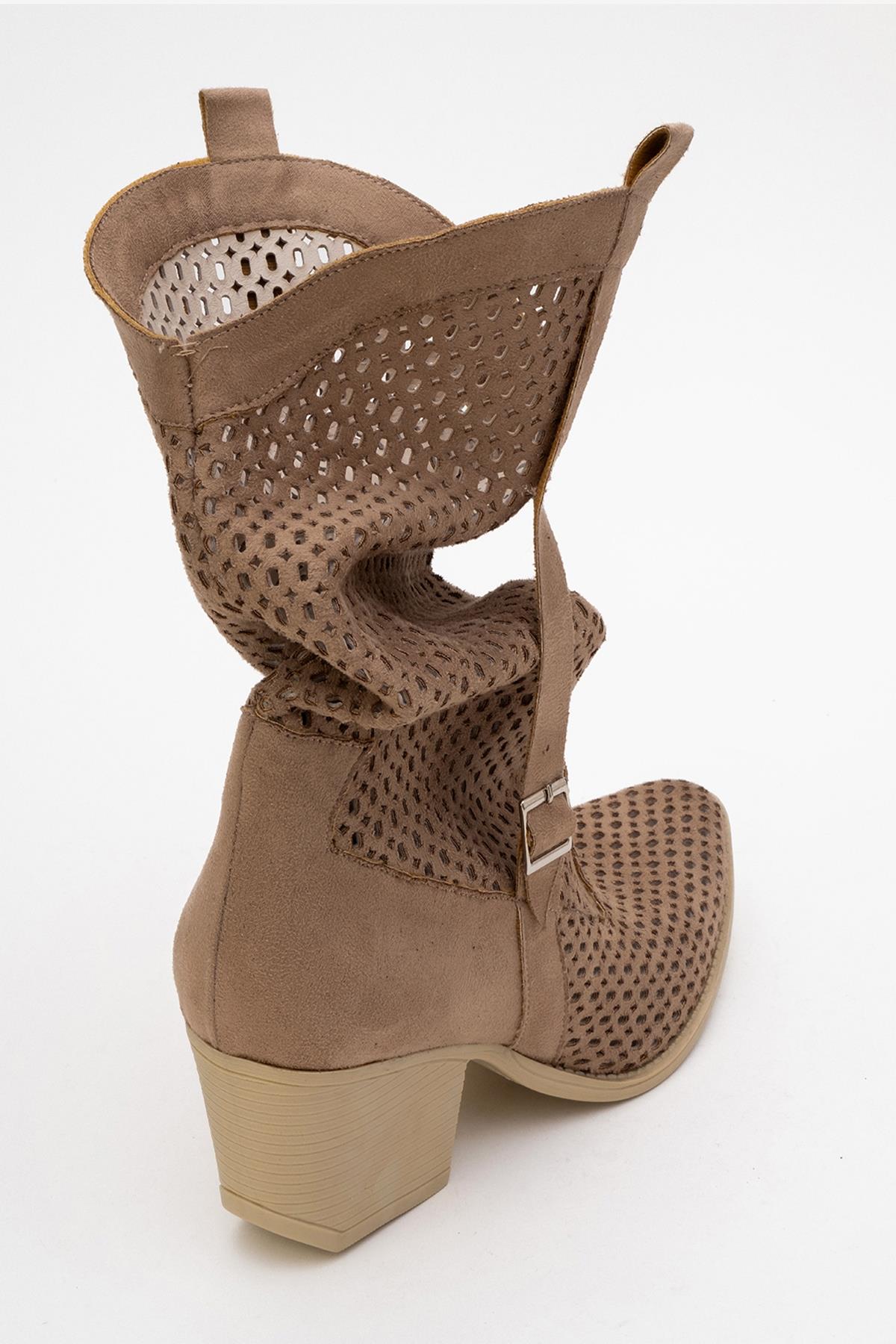 Larry Dark Beige Elasticated Block Heel Boot – pair view showing leather, red, Vowalisse