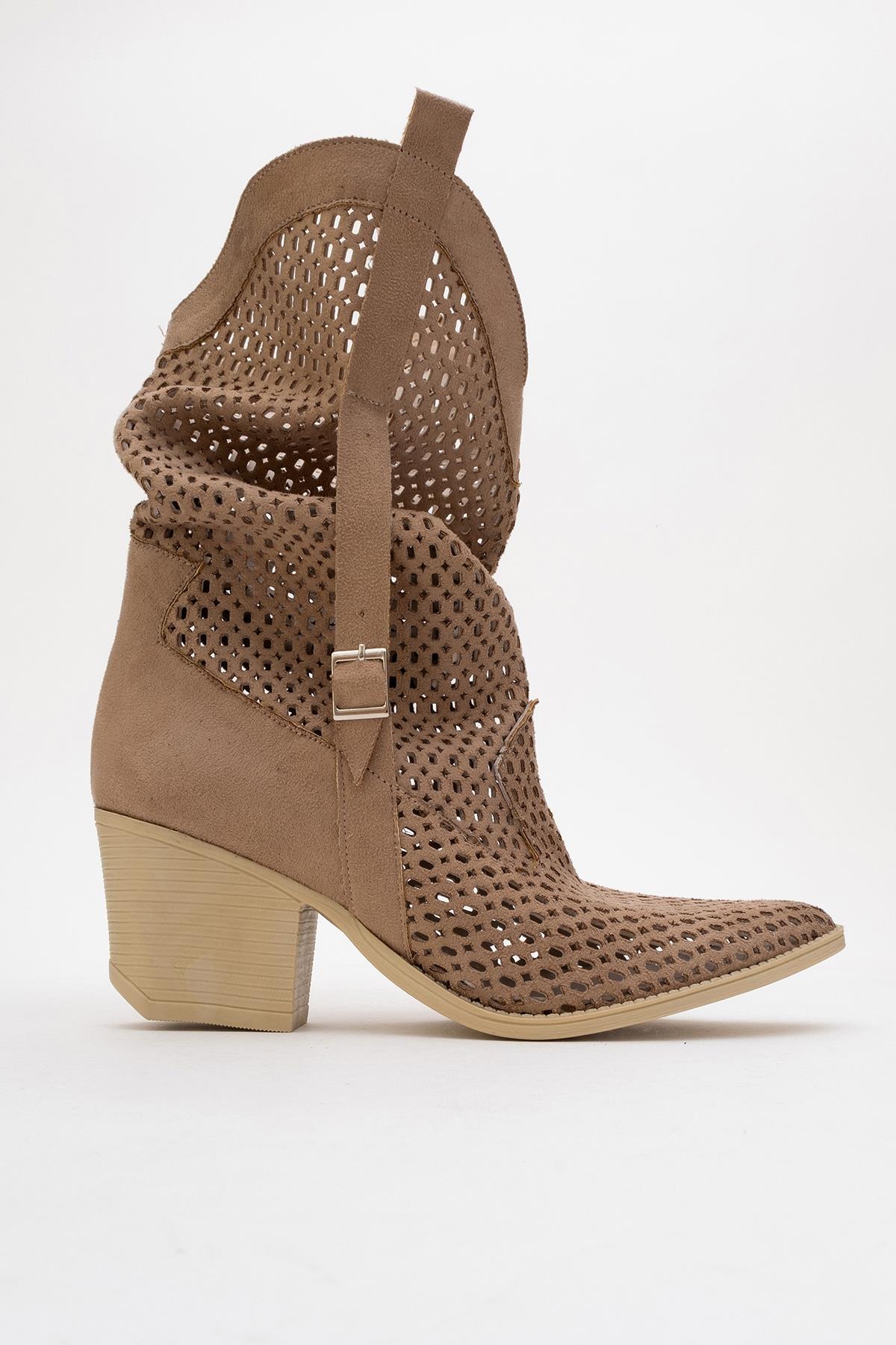 Larry Dark Beige Elasticated Block Heel Boot – product view 9 showing leather, red, Vowalisse