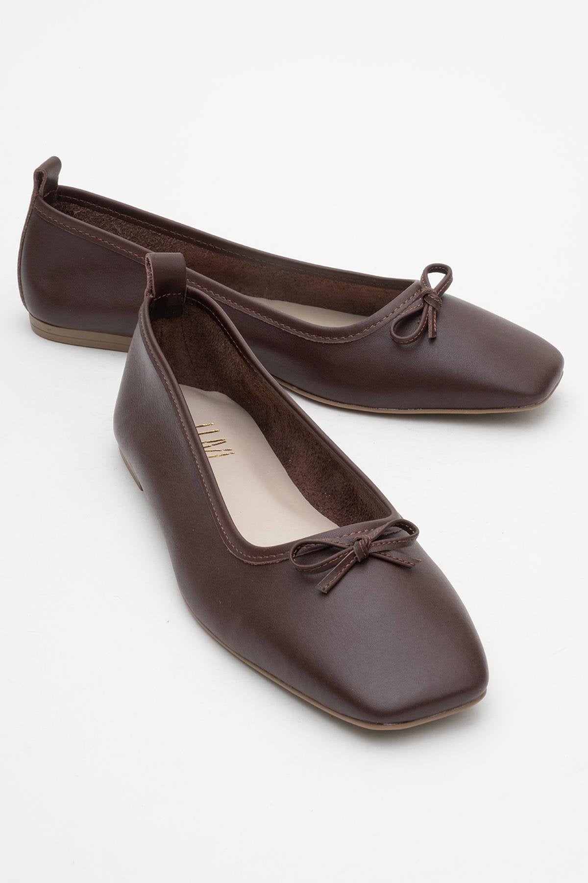 Sosa - Brown Genuine Leather Square-Toe Bow Ballet Flat – front three-quarter view showing bow, leather, Vowalisse