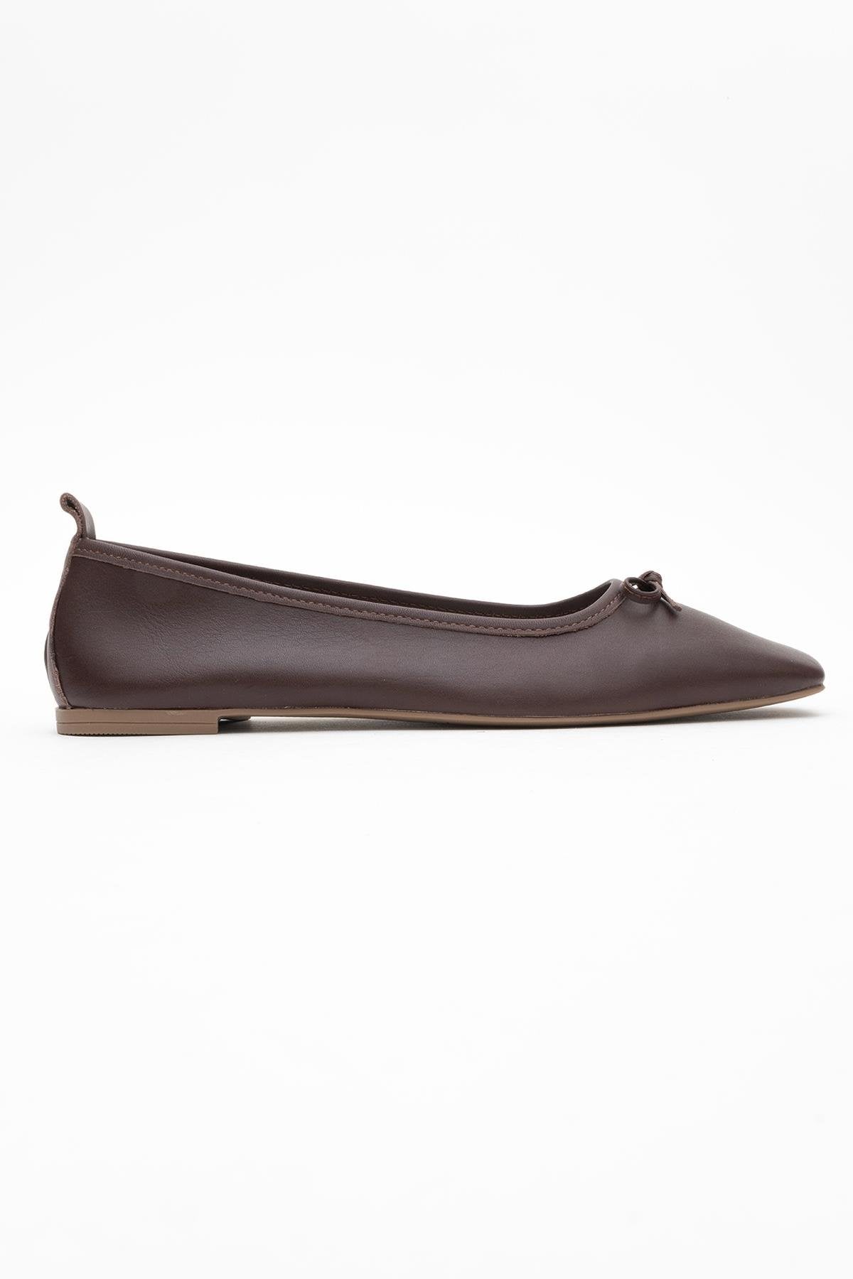Sosa - Brown Genuine Leather Square-Toe Bow Ballet Flat – top view showing bow, leather, Vowalisse