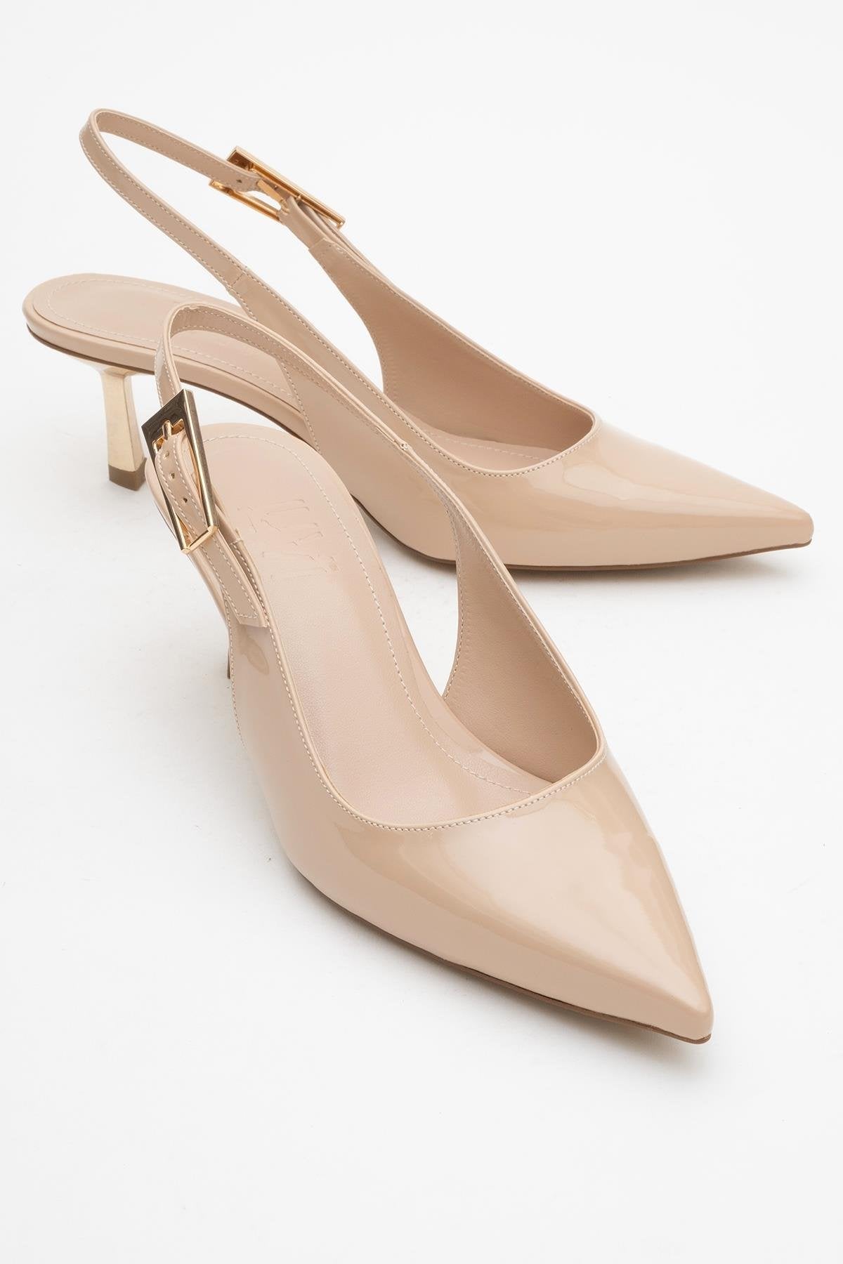 Arty - Beige Patent Slingback Heeled Shoe – front three-quarter view showing leather, Vowalisse