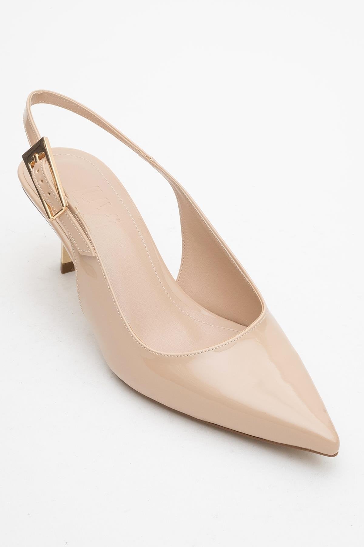 Arty - Beige Patent Slingback Heeled Shoe – detail view showing leather, Vowalisse