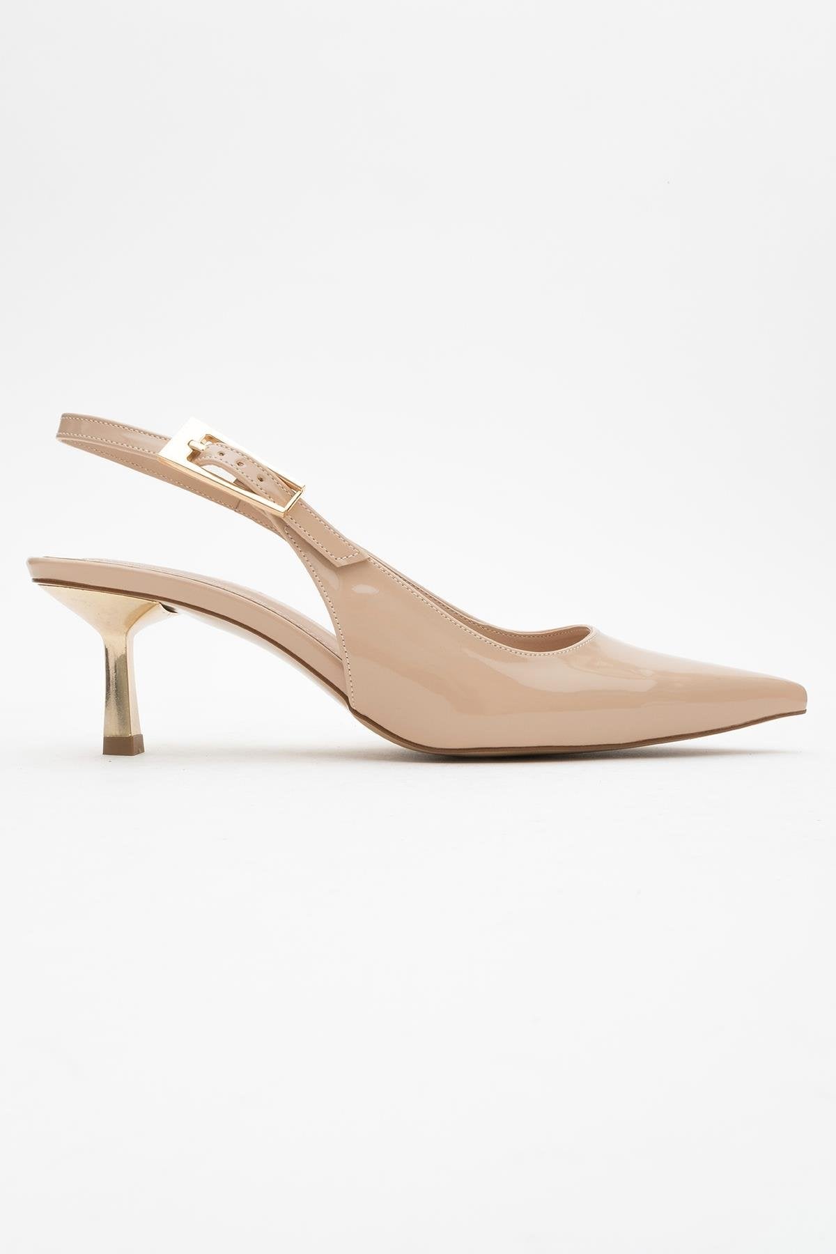 Arty - Beige Patent Slingback Heeled Shoe – top view showing leather, Vowalisse