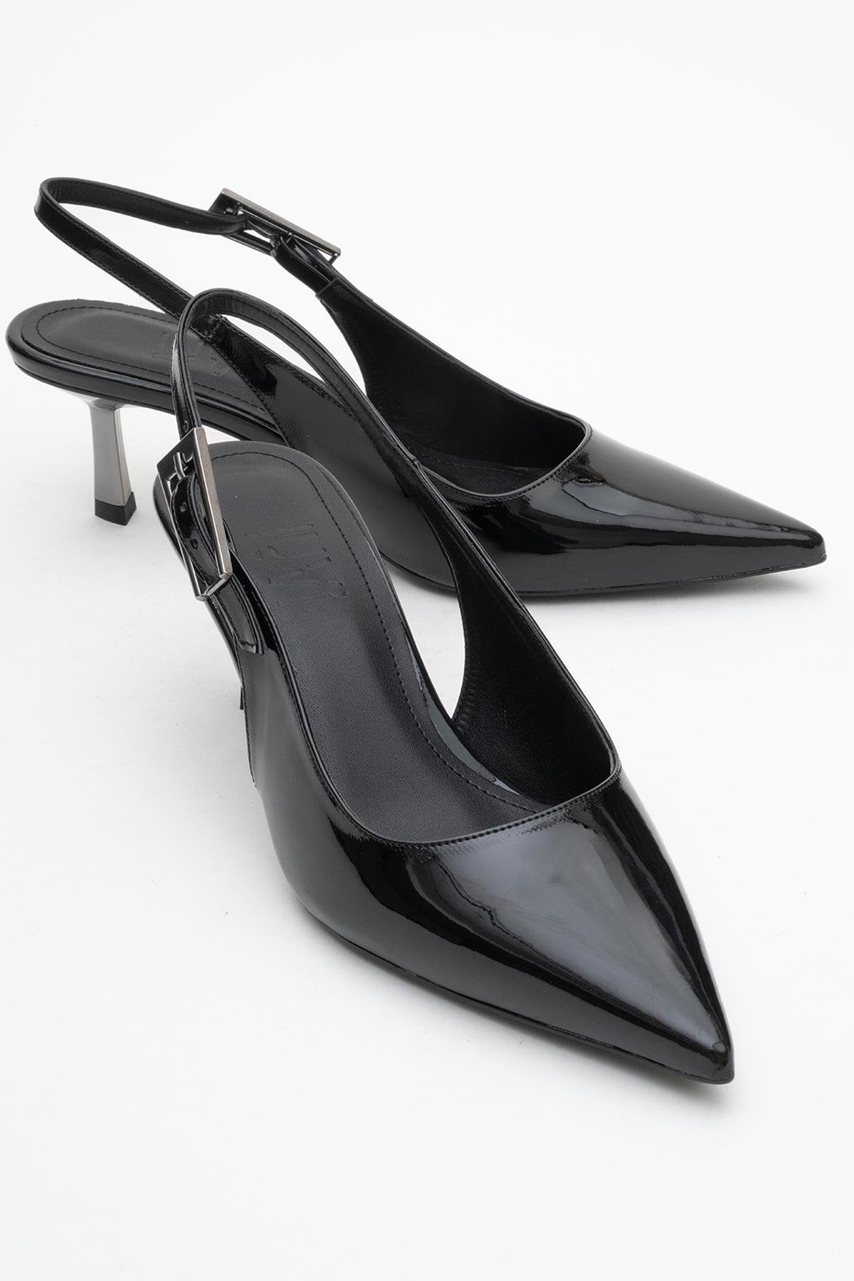 Arty - Black Patent Slingback Heeled Shoe – front three-quarter view showing leather, black, Vowalisse