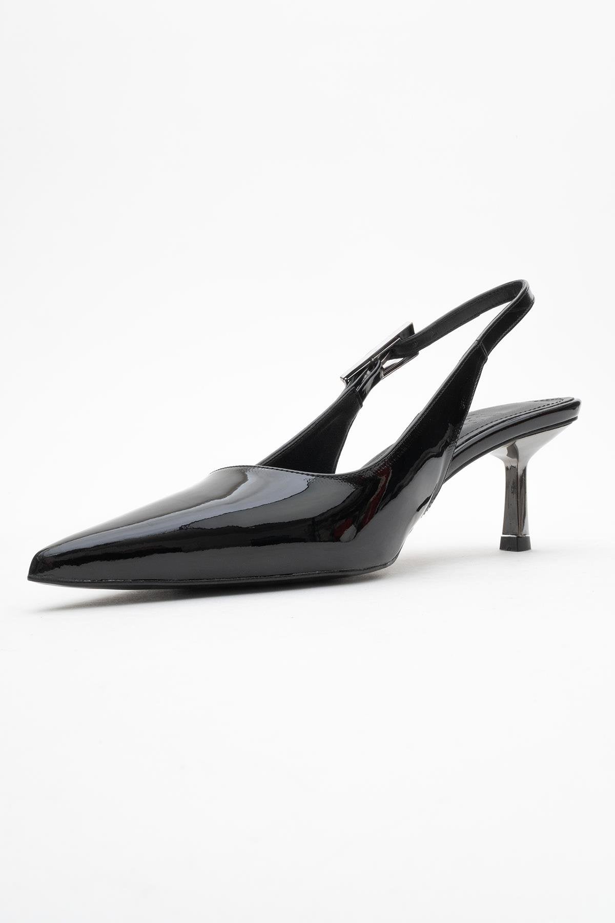 Arty - Black Patent Slingback Heeled Shoe – heel view showing leather, black, Vowalisse