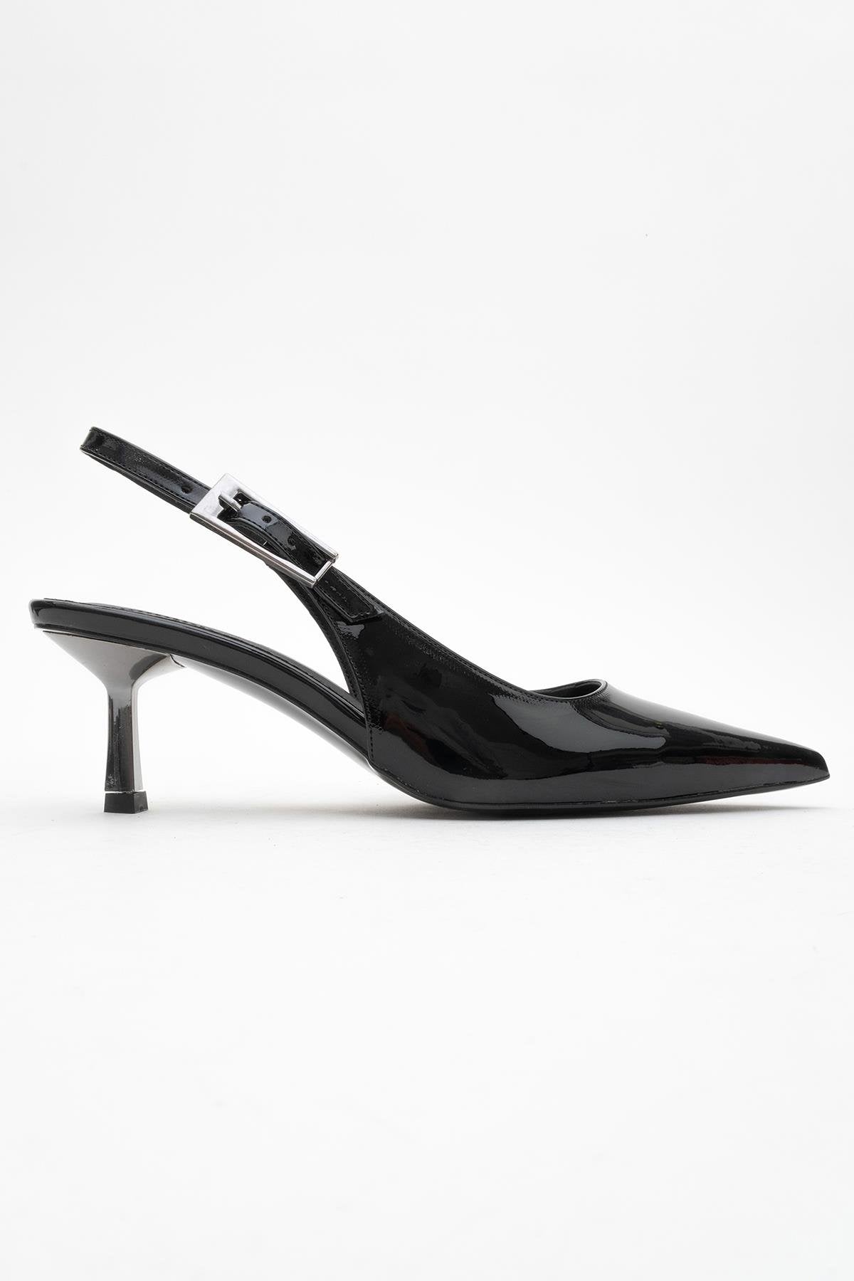 Arty - Black Patent Slingback Heeled Shoe – top view showing leather, black, Vowalisse