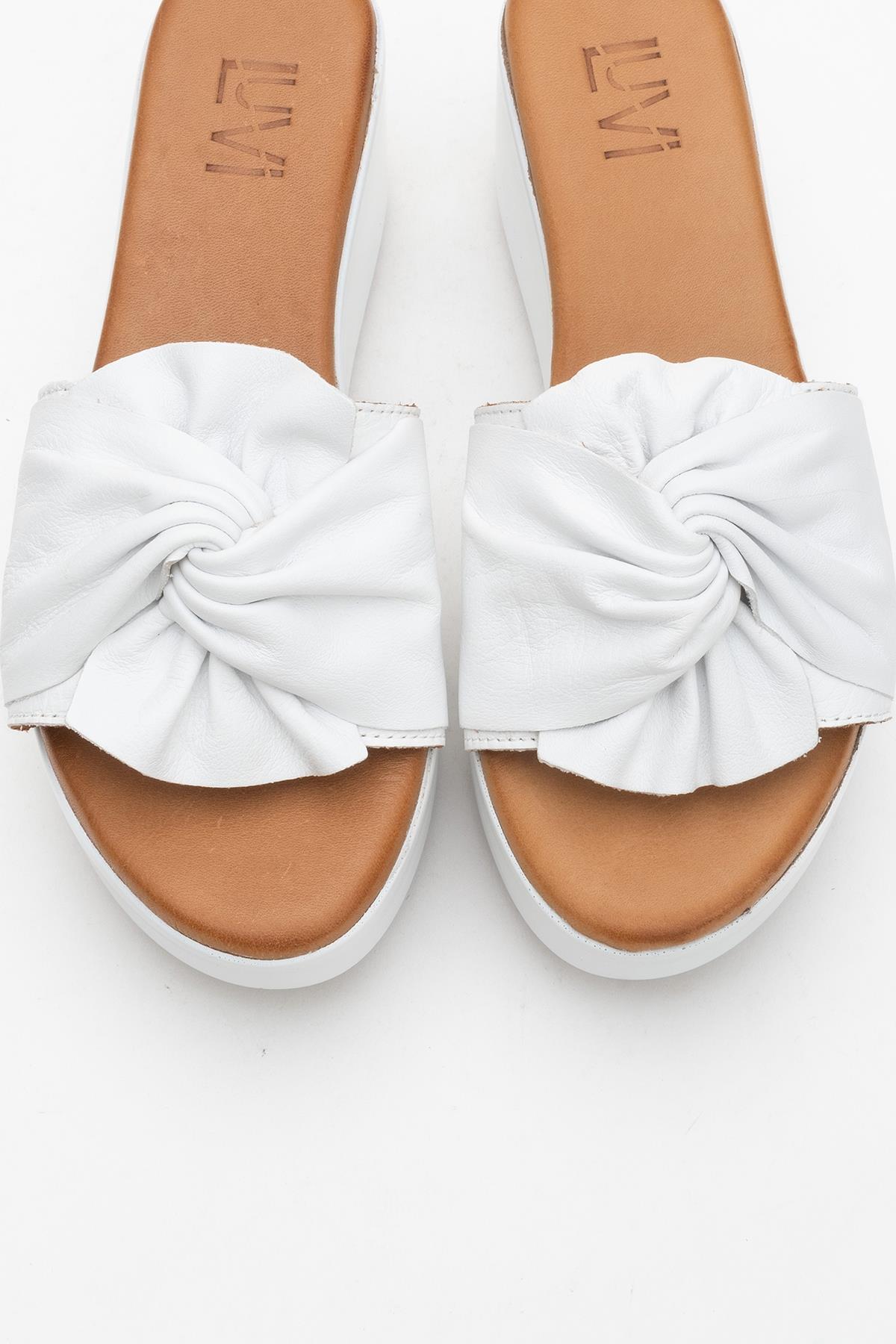 Syndra - White Bow Wedge Leather Sandal – side view showing bow, leather, white, Vowalisse