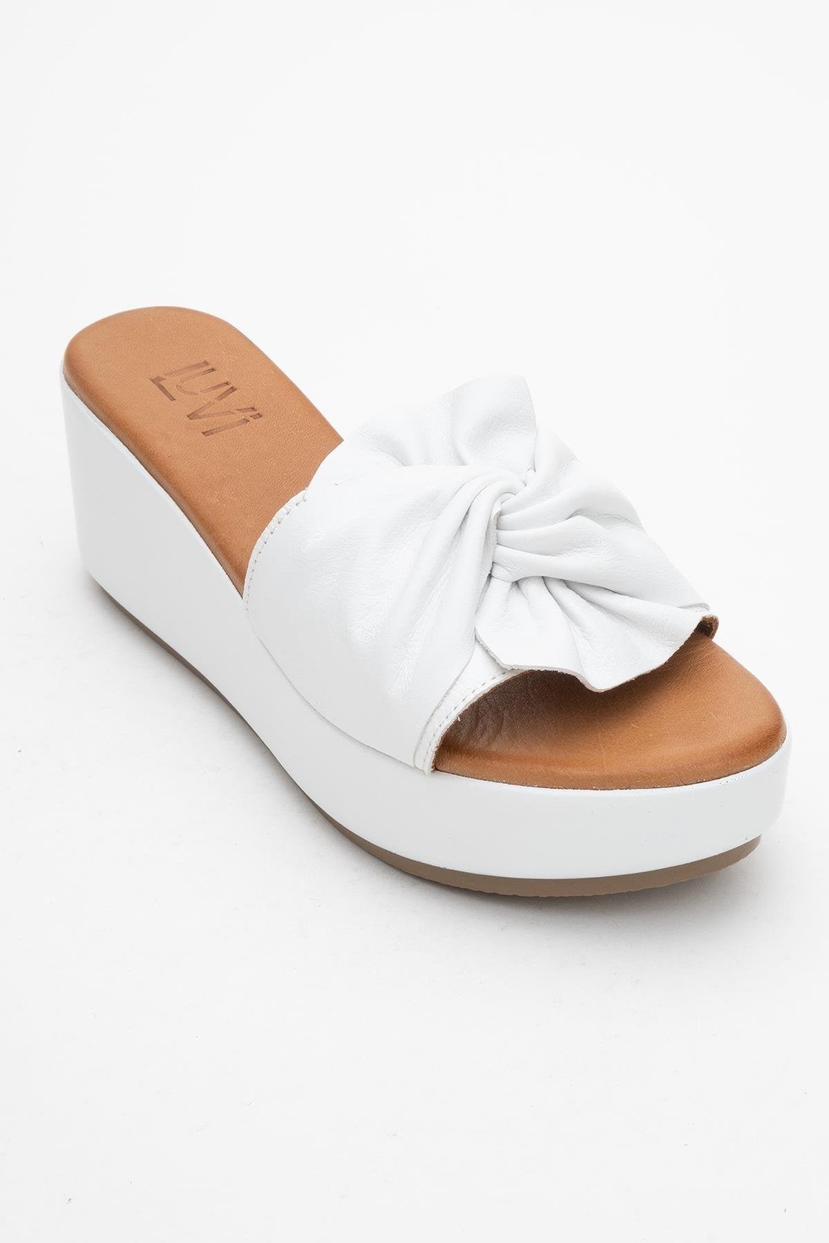 Syndra - White Bow Wedge Leather Sandal – detail view showing bow, leather, white, Vowalisse