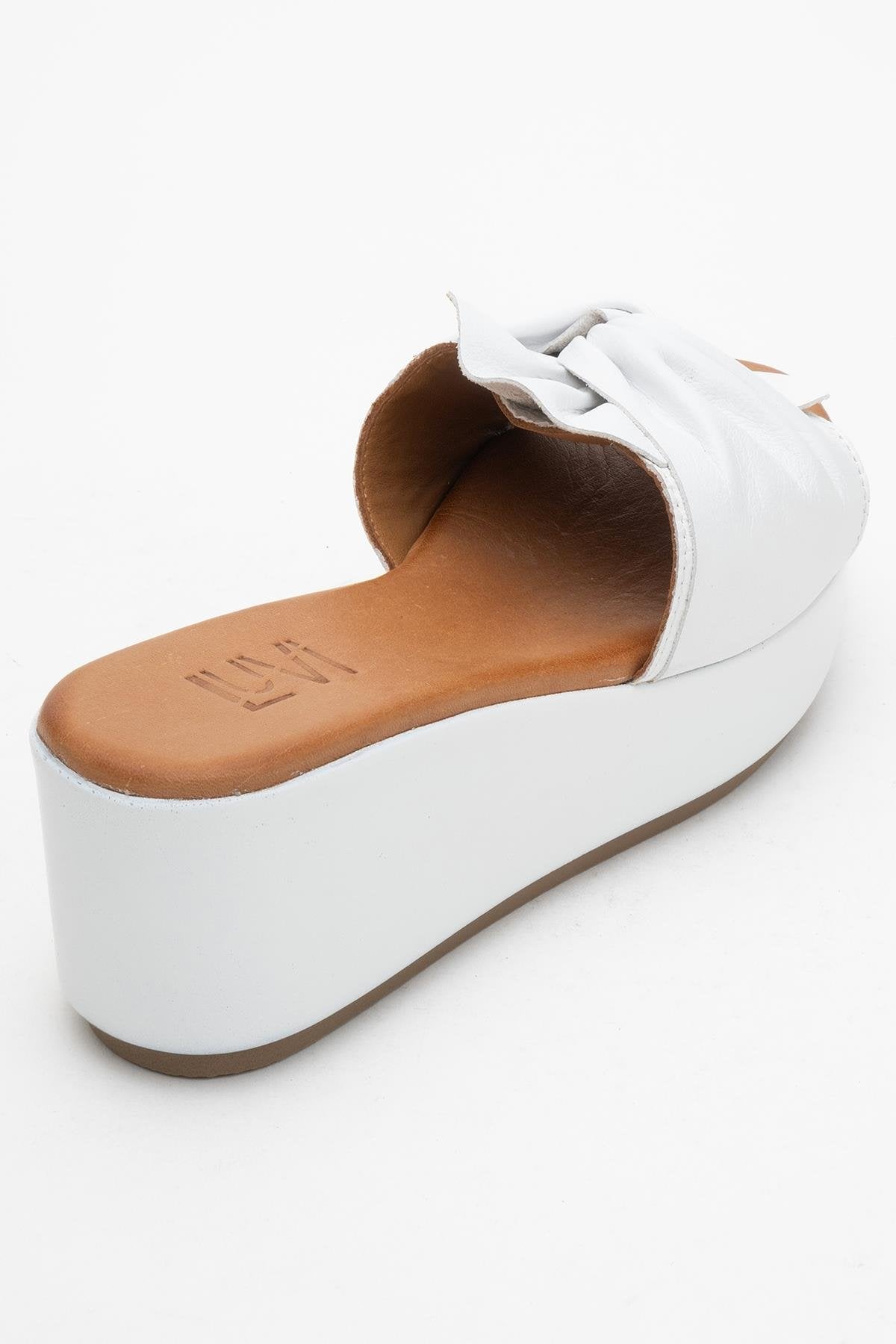 Syndra - White Bow Wedge Leather Sandal – back view showing bow, leather, white, Vowalisse