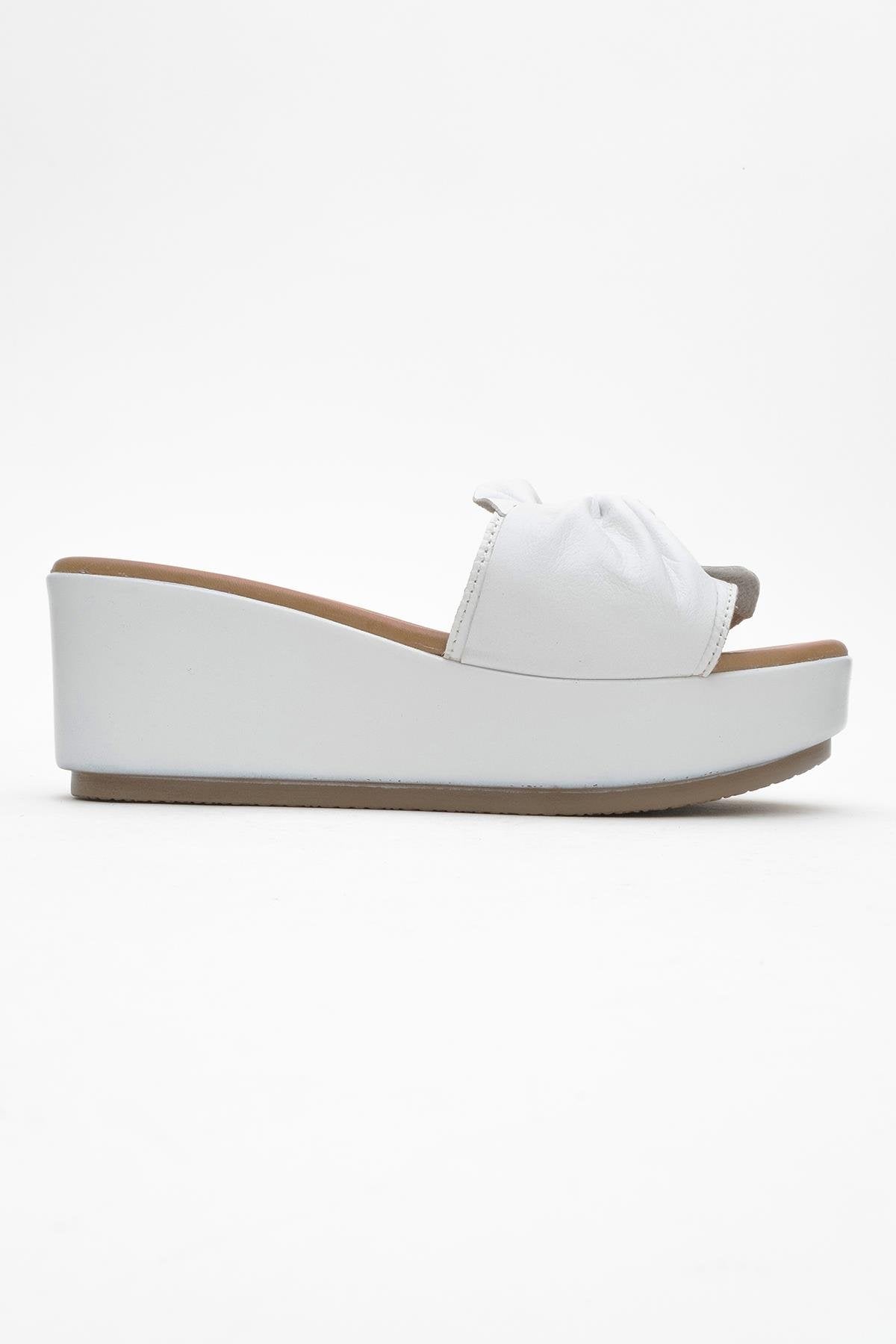 Syndra - White Bow Wedge Leather Sandal – top view showing bow, leather, white, Vowalisse