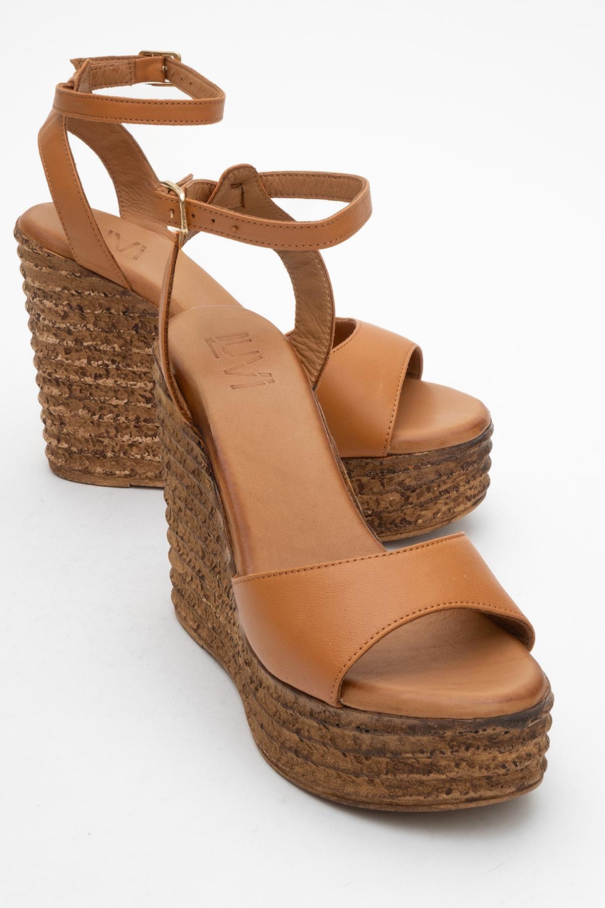 Elsie - Cognac Wedge Leather Sandal – front three-quarter view showing leather, Vowalisse
