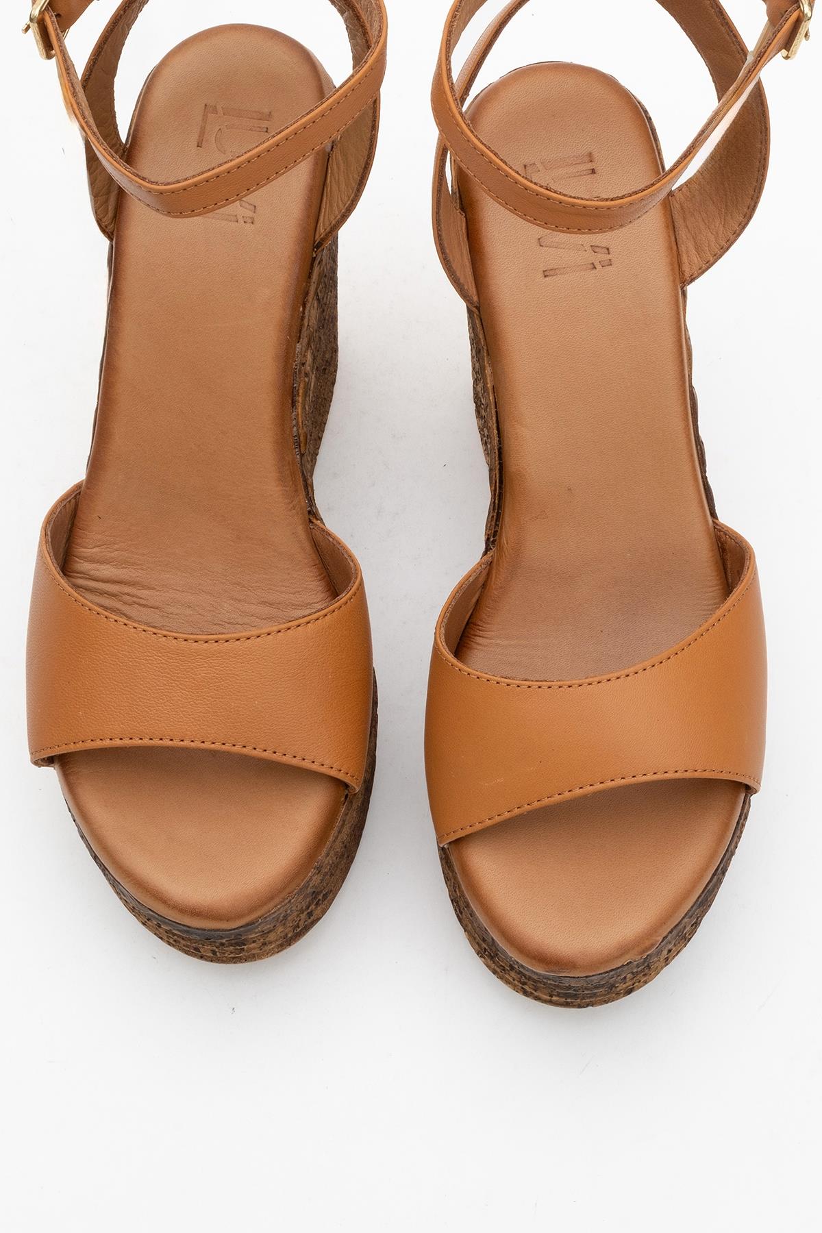 Elsie - Cognac Wedge Leather Sandal – side view showing leather, Vowalisse