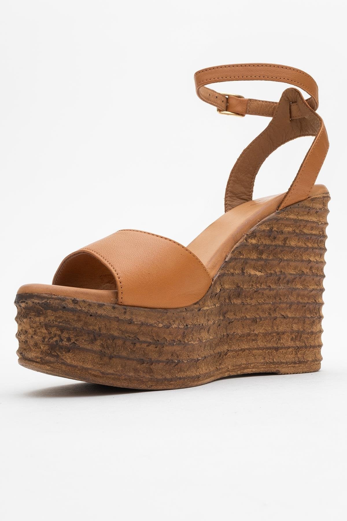 Elsie - Cognac Wedge Leather Sandal – heel view showing leather, Vowalisse