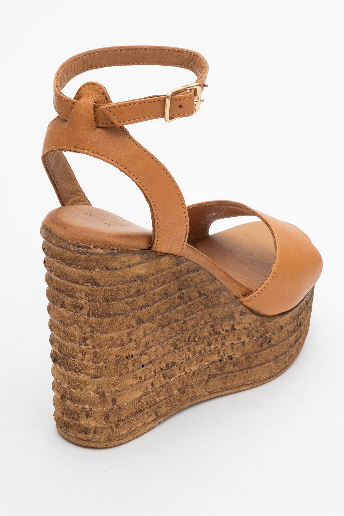 Elsie - Cognac Wedge Leather Sandal – back view showing leather, Vowalisse