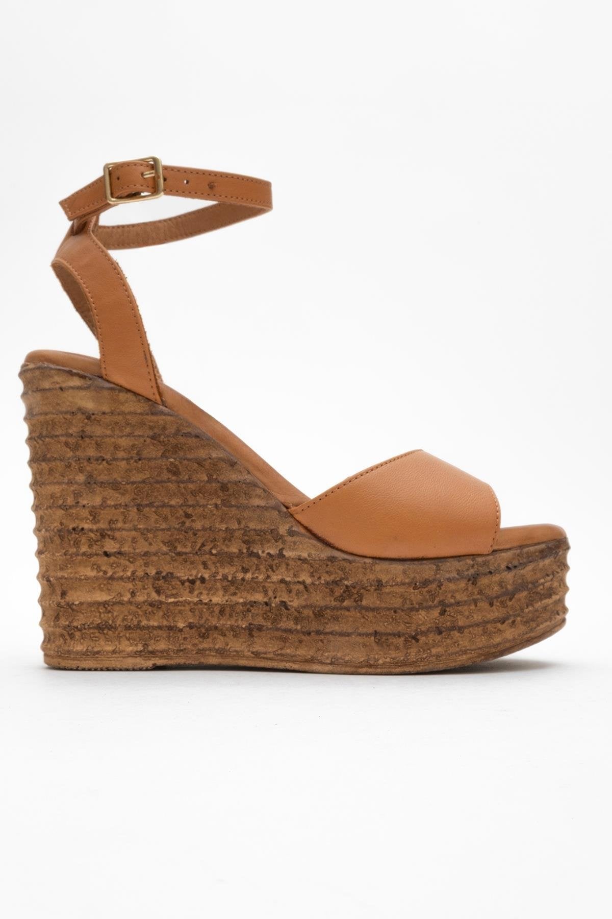 Elsie - Cognac Wedge Leather Sandal – top view showing leather, Vowalisse