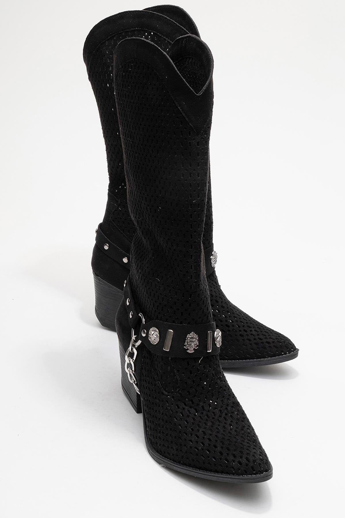 Liza Black Block Heel Western Boot – back view showing leather, black, red, Vowalisse