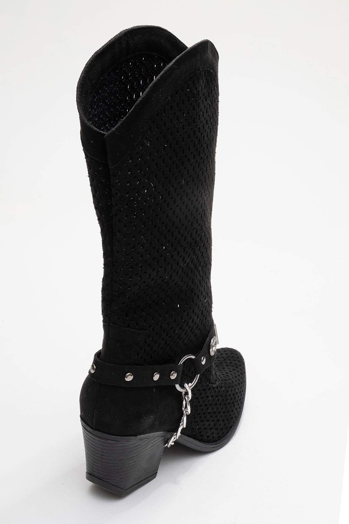 Liza Black Block Heel Western Boot – product view 9 showing leather, black, red, Vowalisse