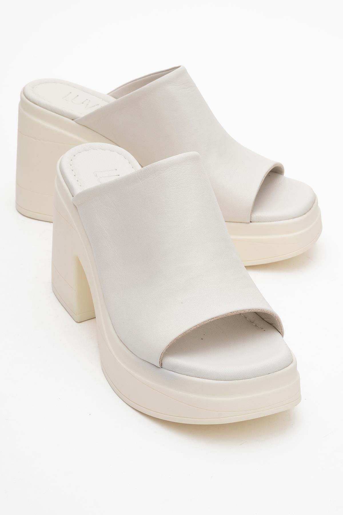 Nola - Beige Leather Heeled Mules – front three-quarter view showing leather, suede, Vowalisse