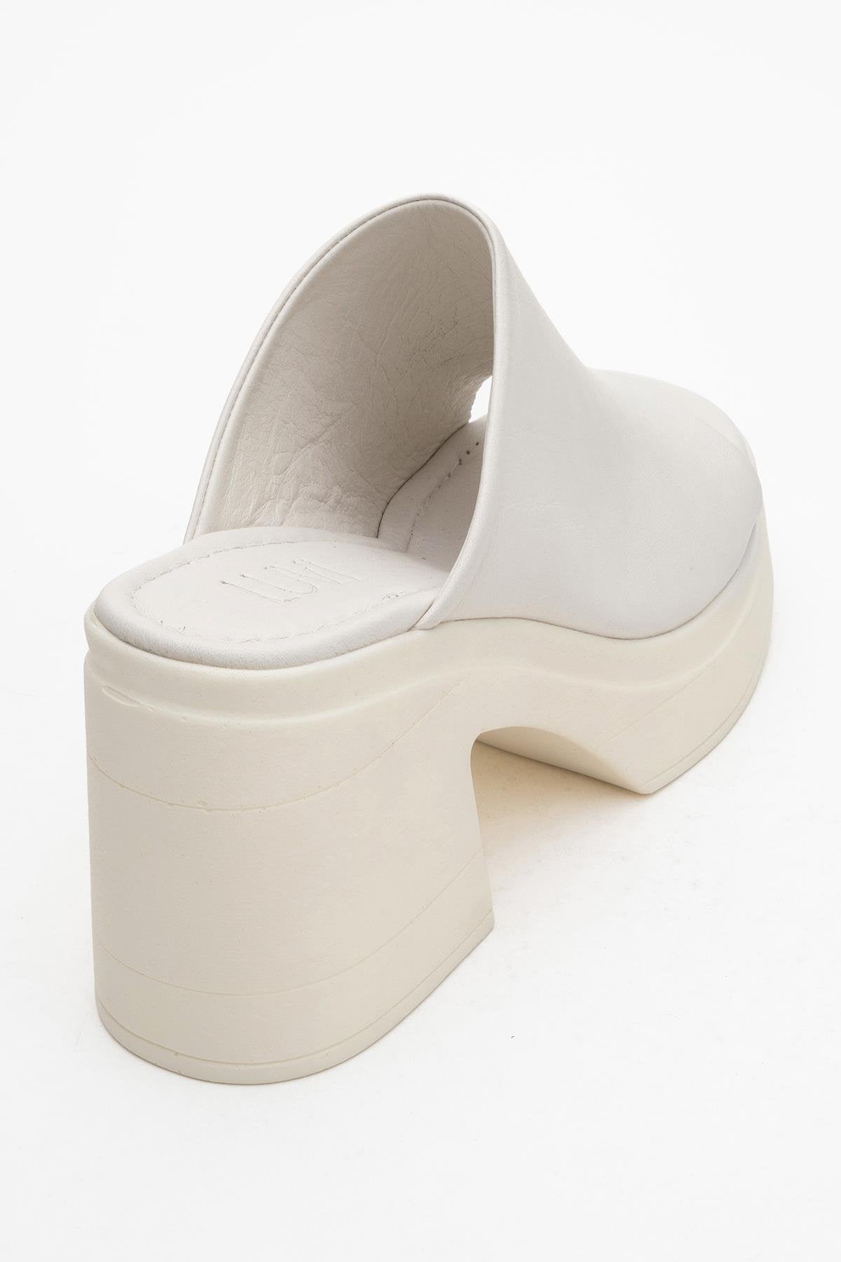 Nola - Beige Leather Heeled Mules – back view showing leather, suede, Vowalisse