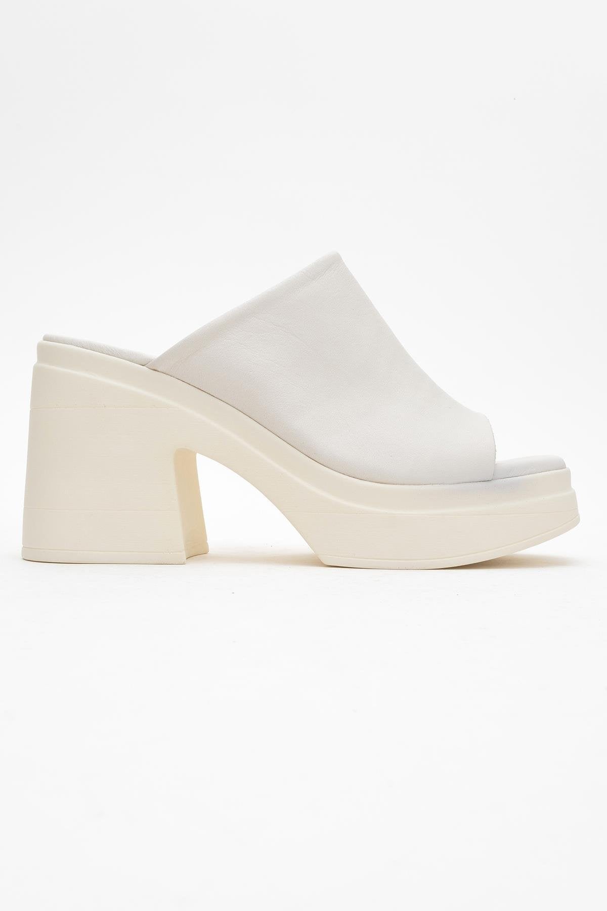 Nola - Beige Leather Heeled Mules – top view showing leather, suede, Vowalisse
